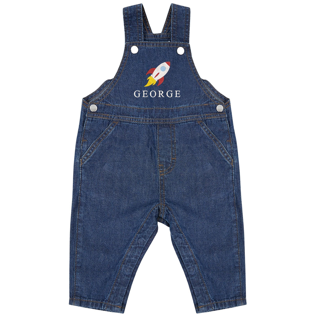 Embroidered Space Rocket Personalised Name Baby & Toddler Cotton Denim Dungarees Custom Text Boys Gift