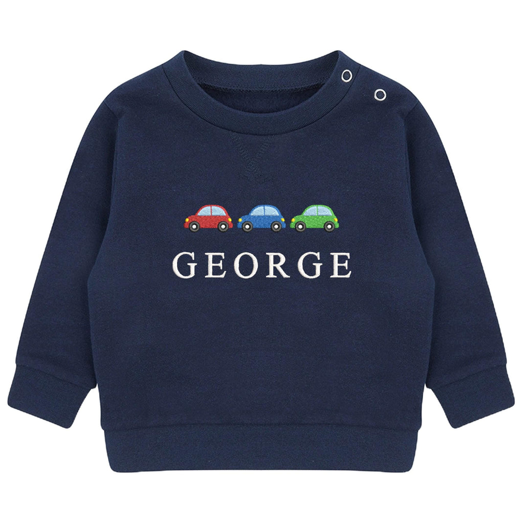 Embroidered Cars Personalised Name Boys Sustainable Sweatshirt Baby & Toddler Custom Jumper Gift