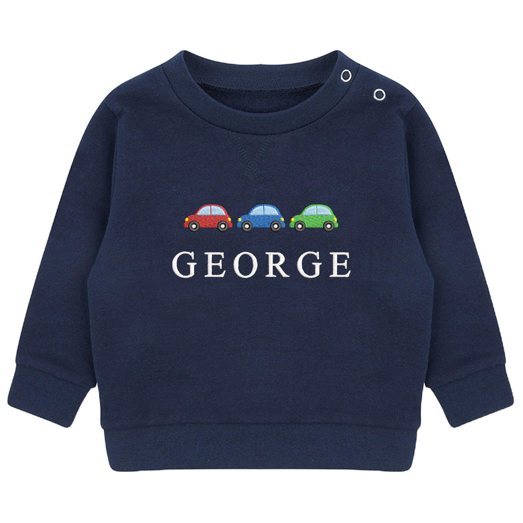 Embroidered Cars Personalised Name Boys Sustainable Sweatshirt Baby & Toddler Custom Jumper Gift
