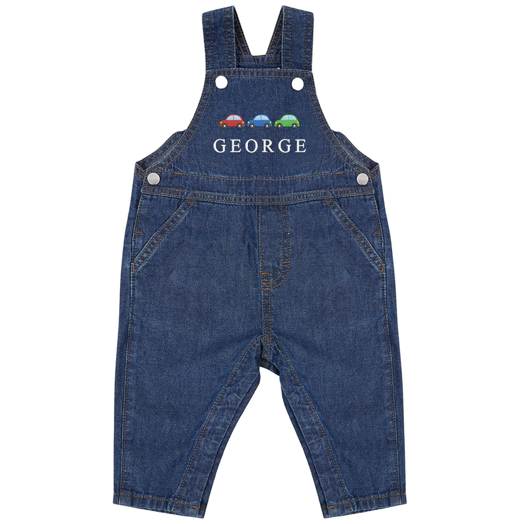 Embroidered Cars Personalised Name Baby & Toddler Cotton Denim Dungarees Custom Text Boys Gift