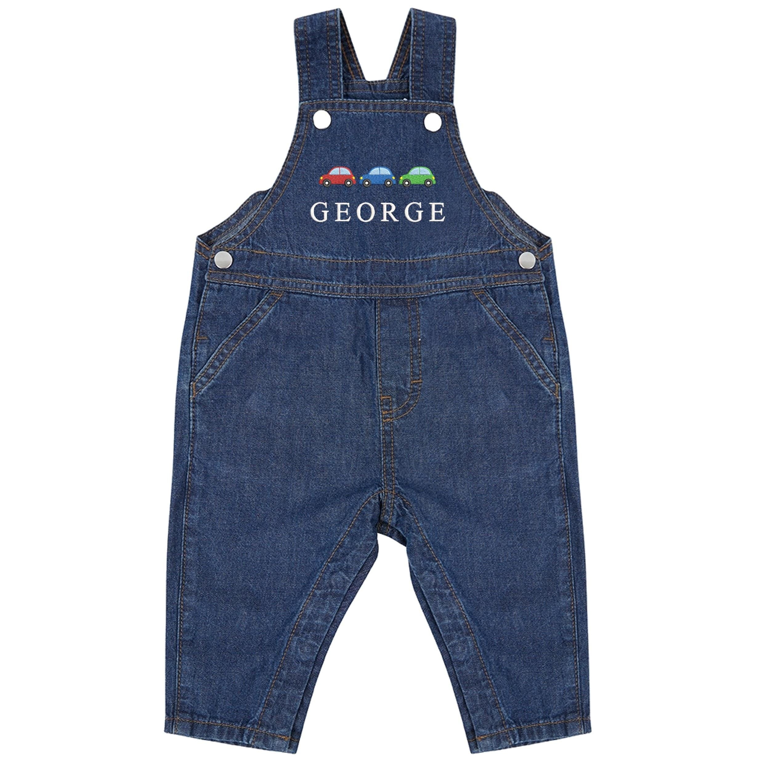 Embroidered Cars Personalised Name Baby & Toddler Cotton Denim Dungarees Custom Text Boys Gift
