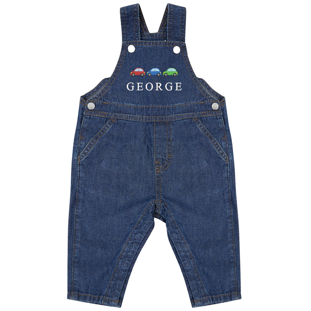 Embroidered Cars Personalised Name Baby & Toddler Cotton Denim Dungarees Custom Text Boys Gift