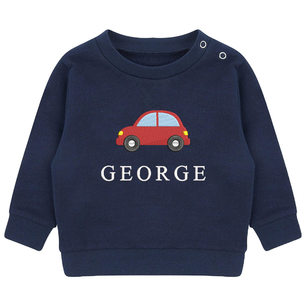 Embroidered Car Personalised Name Boys Sustainable Sweatshirt Baby & Toddler Custom Jumper Gift