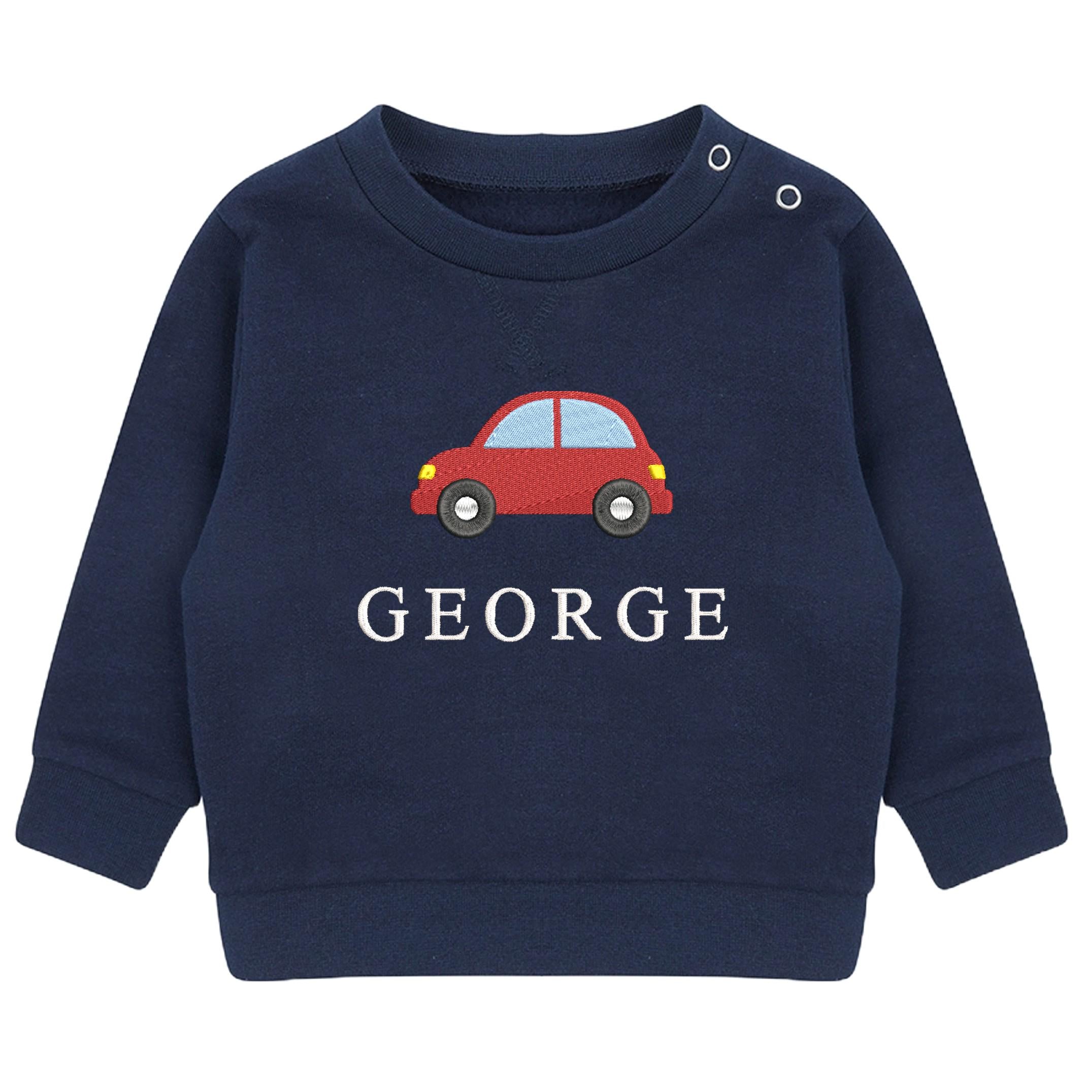 Embroidered Car Personalised Name Boys Sustainable Sweatshirt Baby & Toddler Custom Jumper Gift