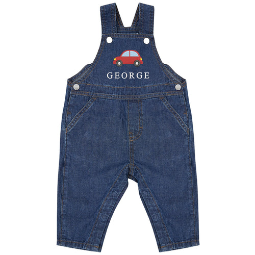 Embroidered Car Personalised Name Baby & Toddler Cotton Denim Dungarees Custom Text Boys Gift
