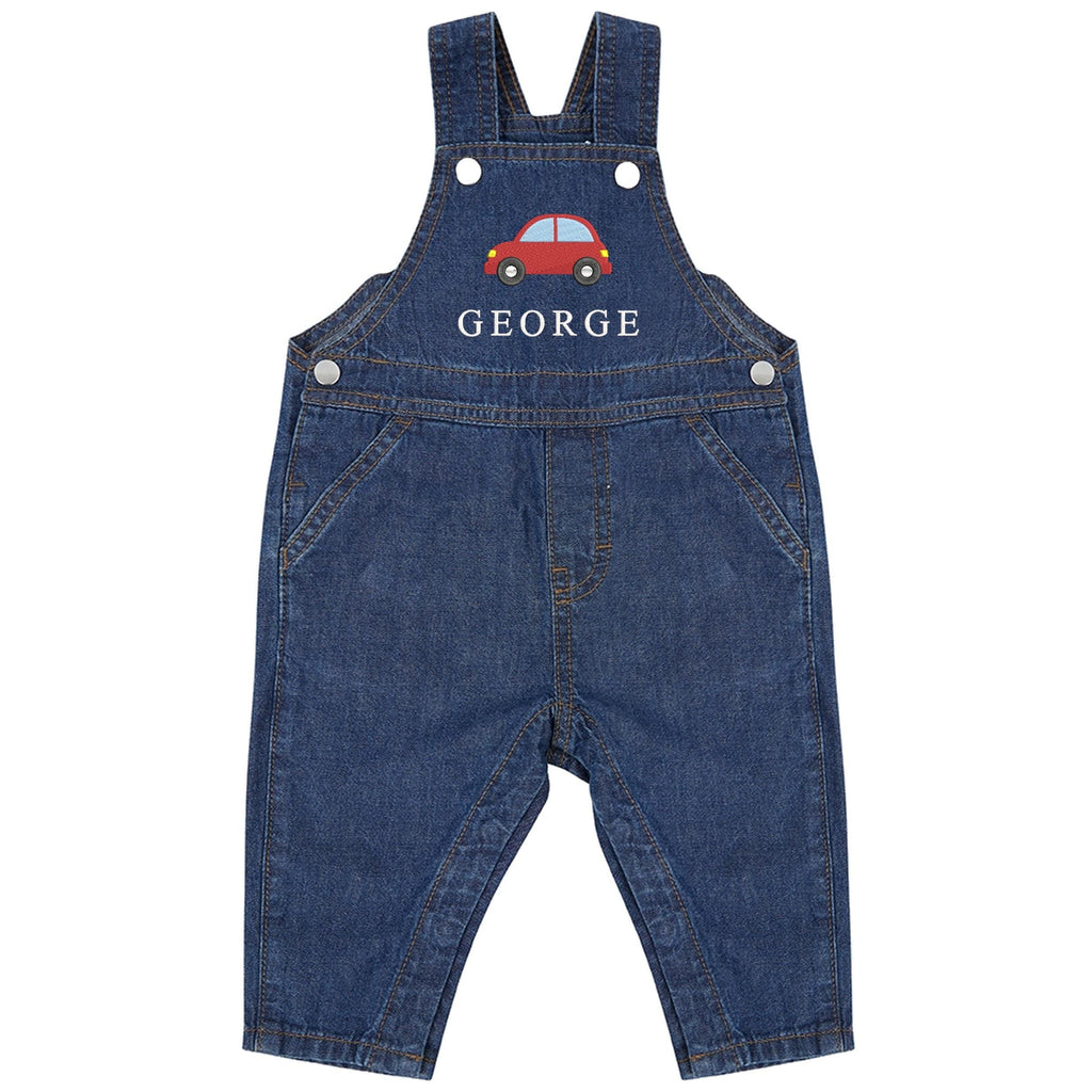 Embroidered Car Personalised Name Baby & Toddler Cotton Denim Dungarees Custom Text Boys Gift