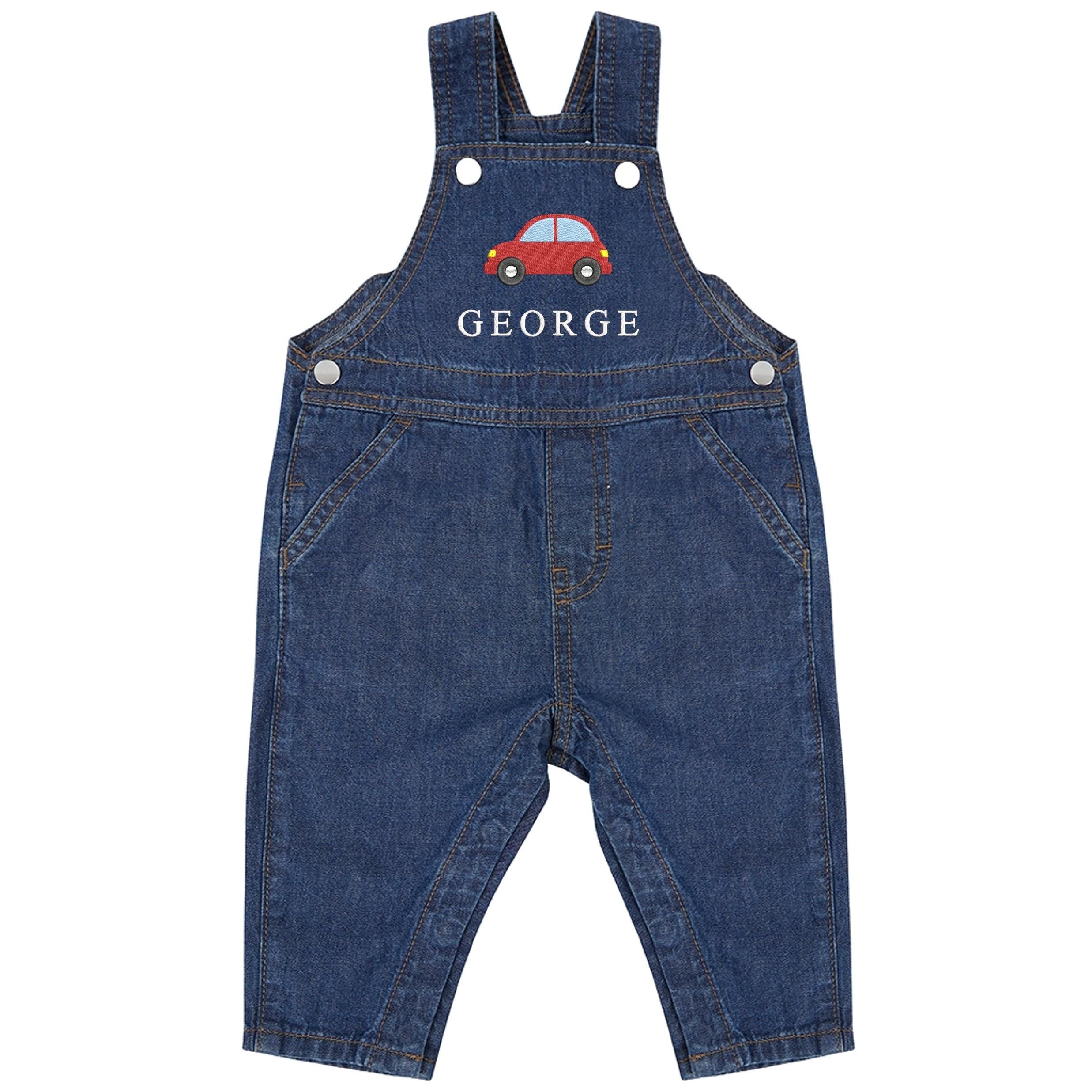 Embroidered Car Personalised Name Baby & Toddler Cotton Denim Dungarees Custom Text Boys Gift