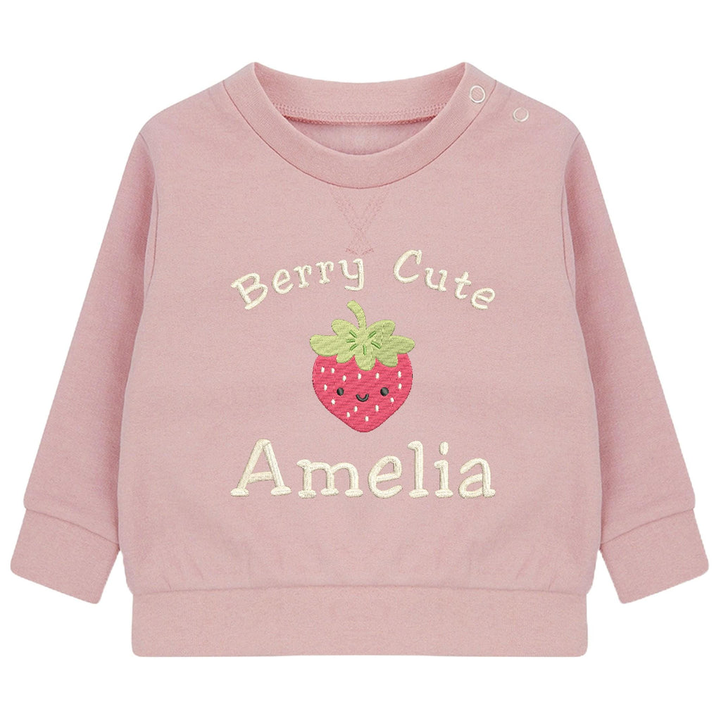 Embroidered Girls Personalised Name Berry Cute Baby and Toddler Pink Sustainable Sweatshirts