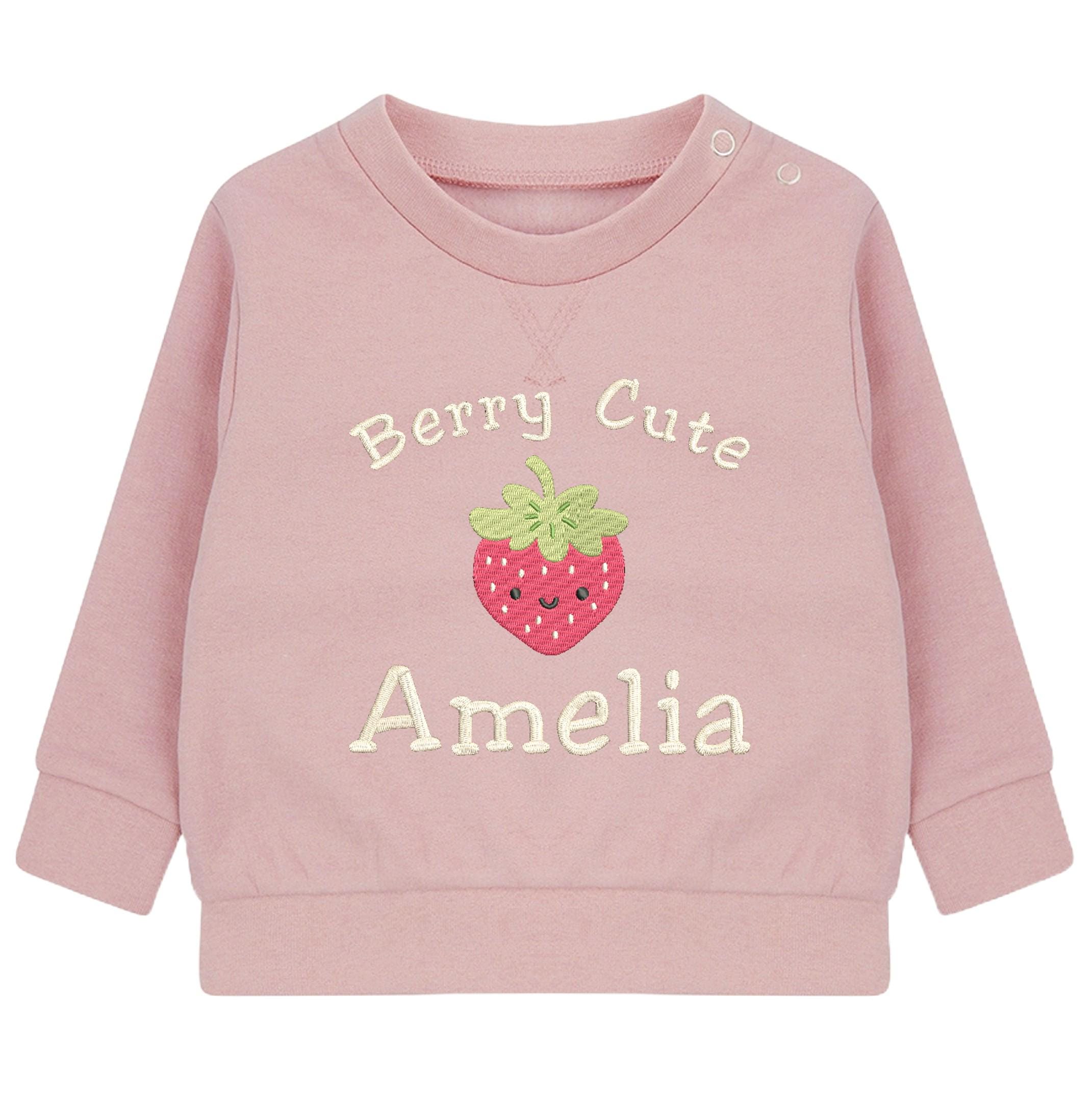 Embroidered Girls Personalised Name Berry Cute Baby and Toddler Pink Sustainable Sweatshirts