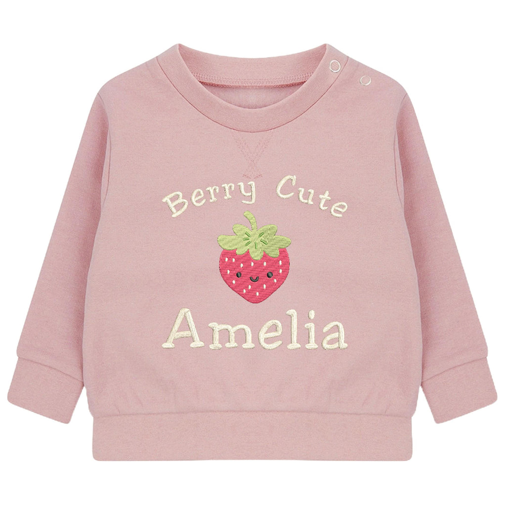 Embroidered Girls Personalised Name Berry Cute Baby and Toddler Pink Sustainable Sweatshirts