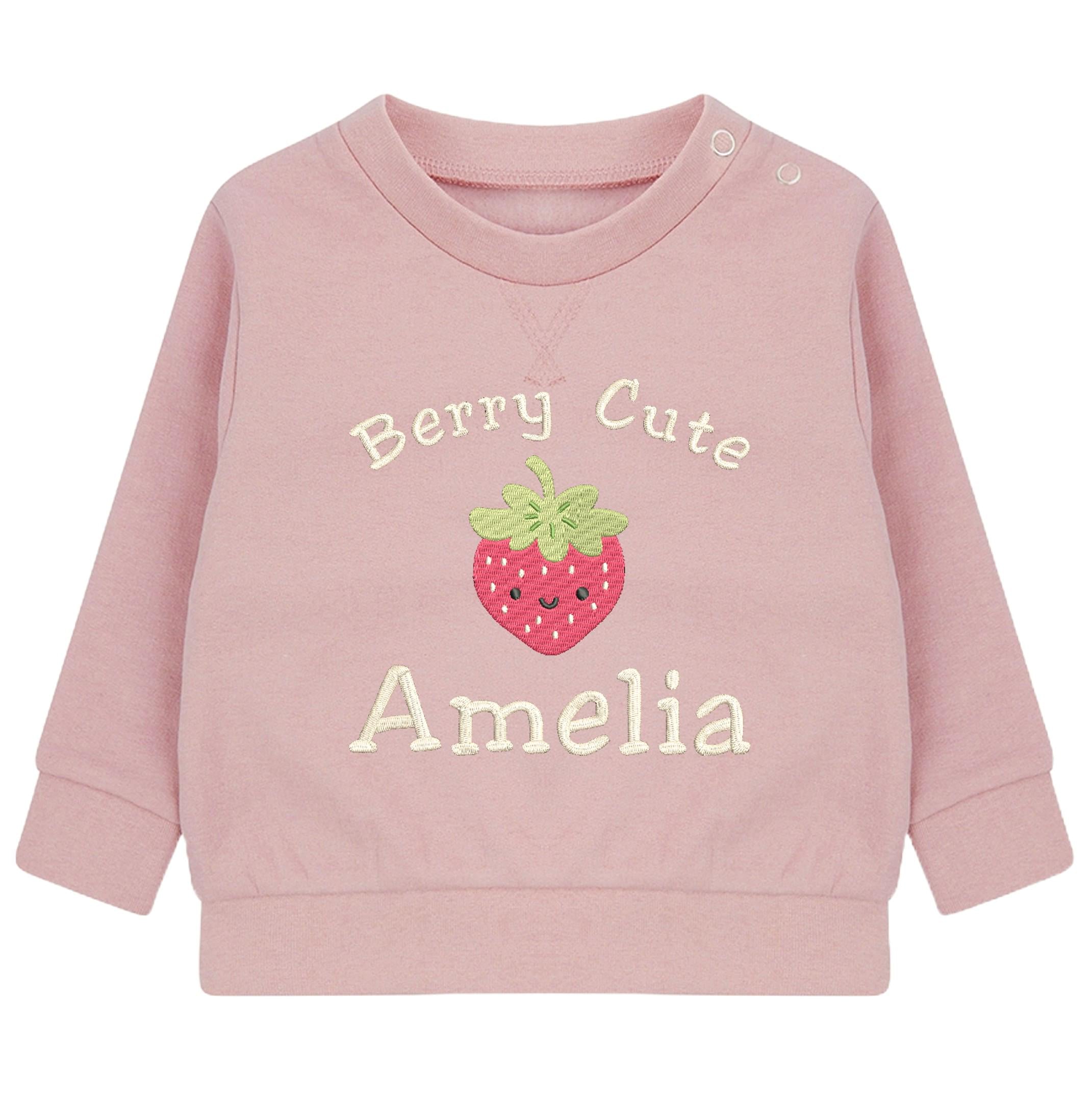 Embroidered Girls Personalised Name Berry Cute Baby and Toddler Pink Sustainable Sweatshirts