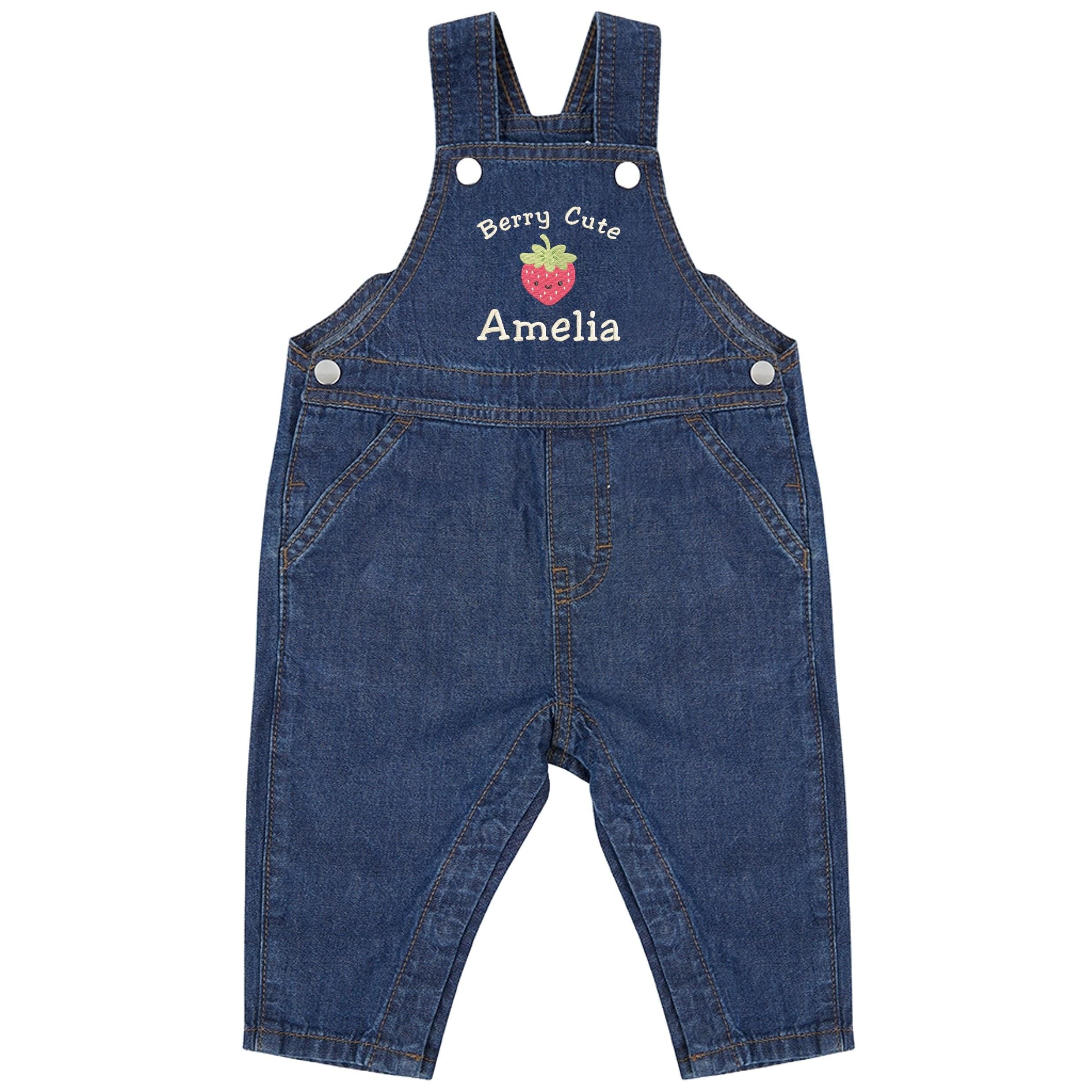 Embroidered Girls Personalised Name Berry Cute Baby & Toddler Cotton Denim Dungarees Custom Text Gift