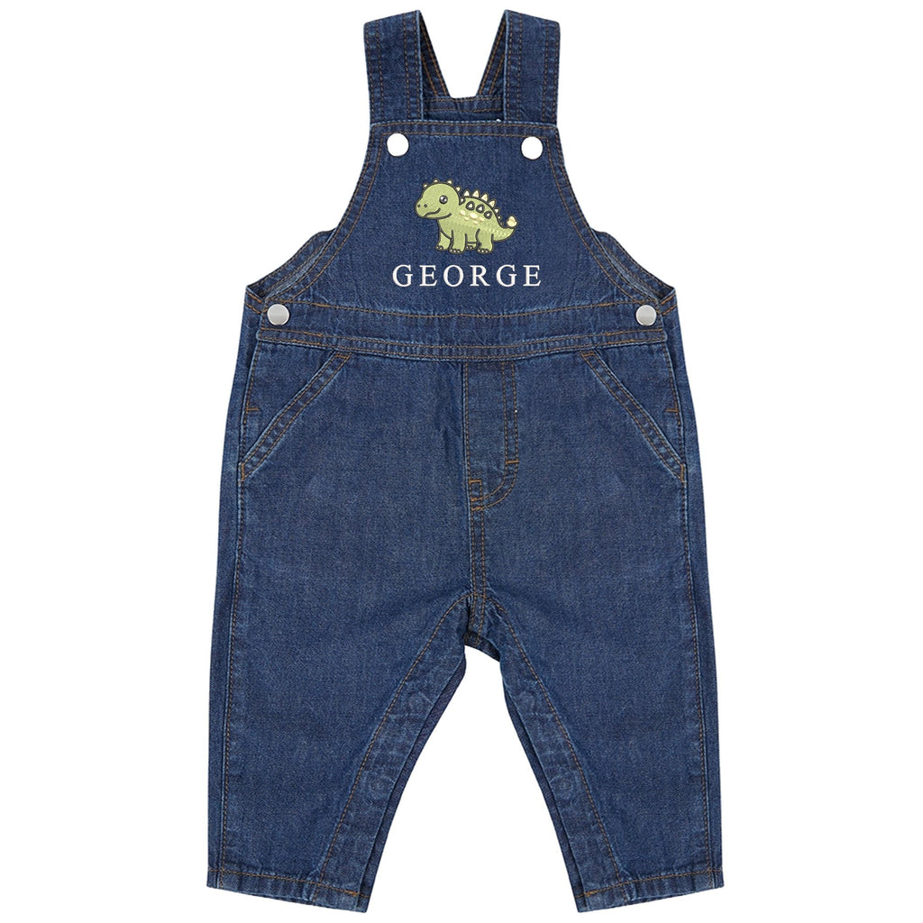 Embroidered Dinosaur Personalised Name Baby & Toddler Cotton Denim Dungarees Custom Text Boys Gift