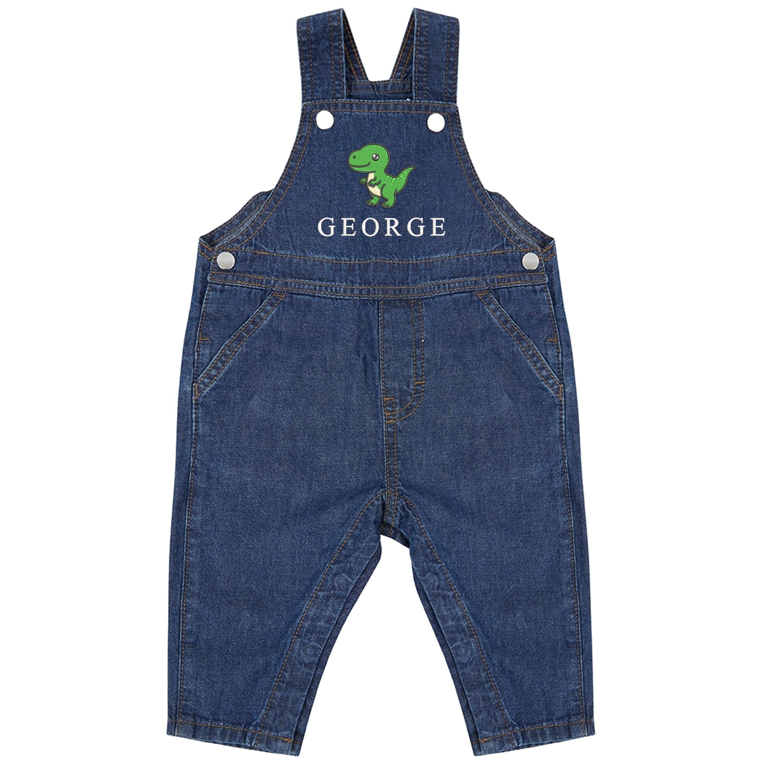 Embroidered T-Rex Dinosaur Personalised Name Baby & Toddler Cotton Denim Dungarees Custom Text Boys Gift