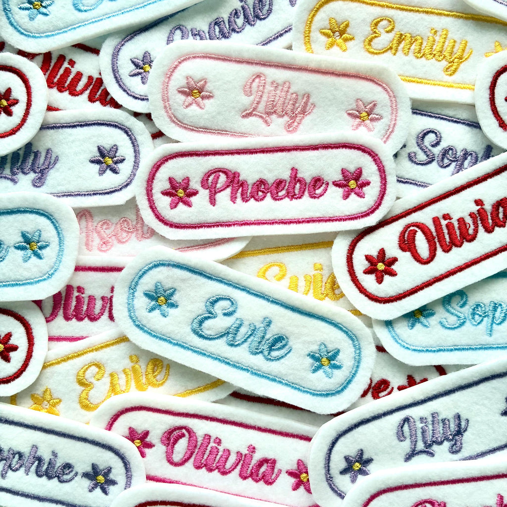 Personalised Embroidered Flower Name Patch Iron On & Sew On Custom Text Badge