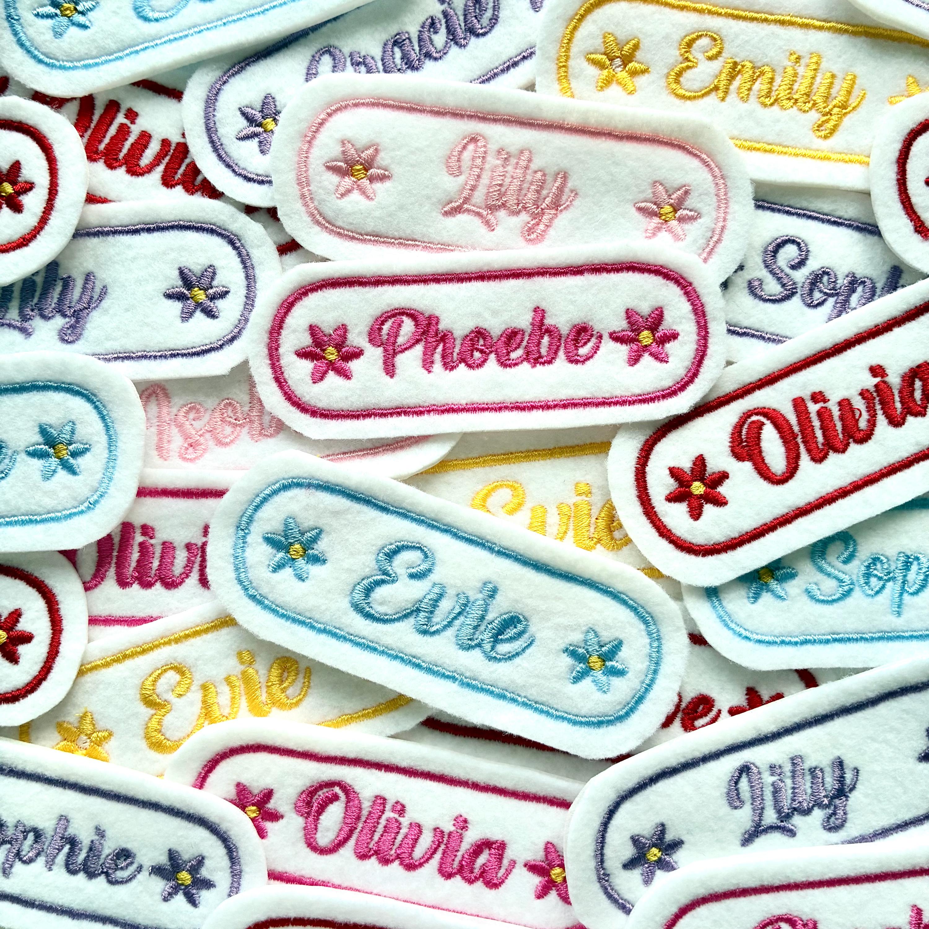Personalised Embroidered Flower Name Patch Iron On & Sew On Custom Text Badge