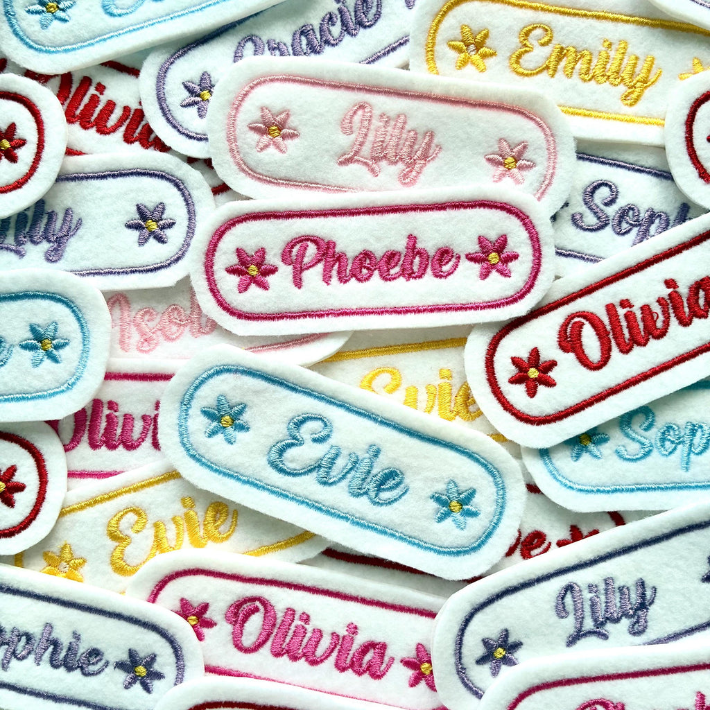 Personalised Embroidered Flower Name Patch Iron On & Sew On Custom Text Badge