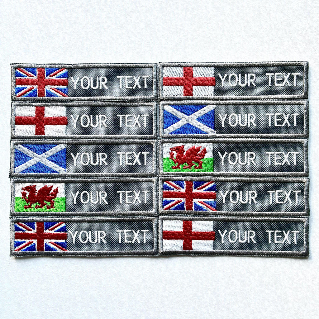 Personalised Embroidered Flag Patch Sew/Iron/VELCRO® Custom Text Badge Grey
