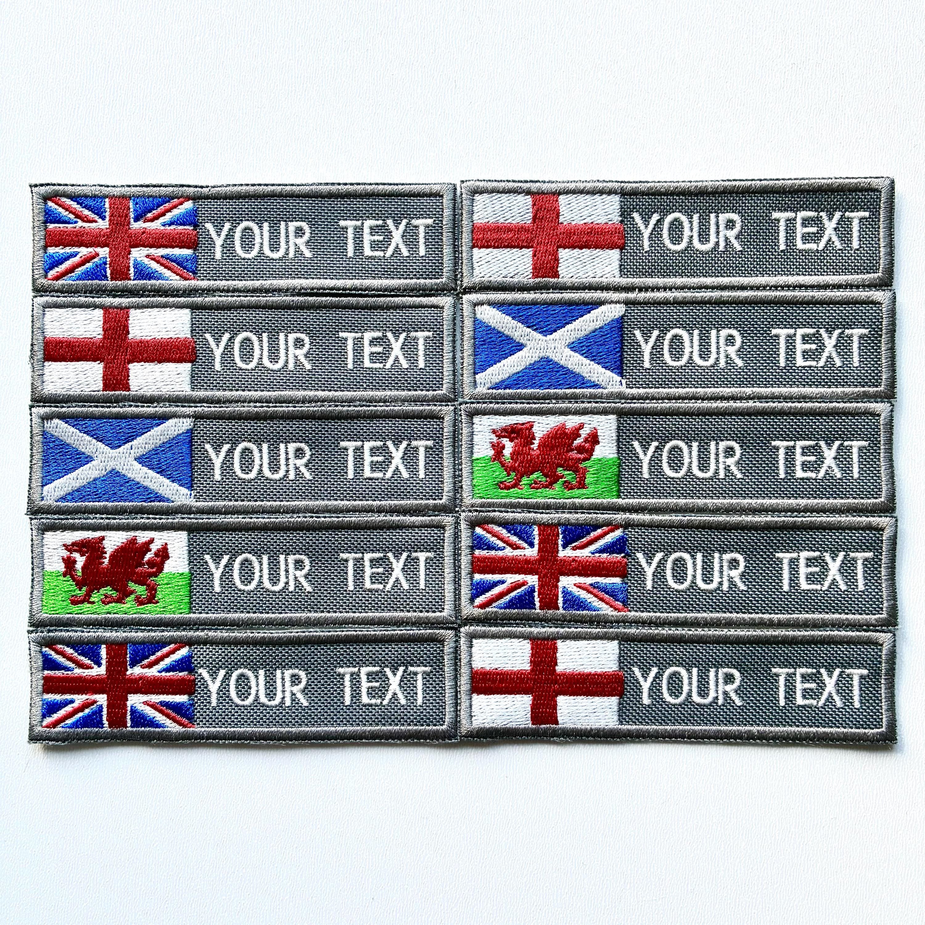 Personalised Embroidered Flag Patch Sew/Iron/VELCRO® Custom Text Badge Grey