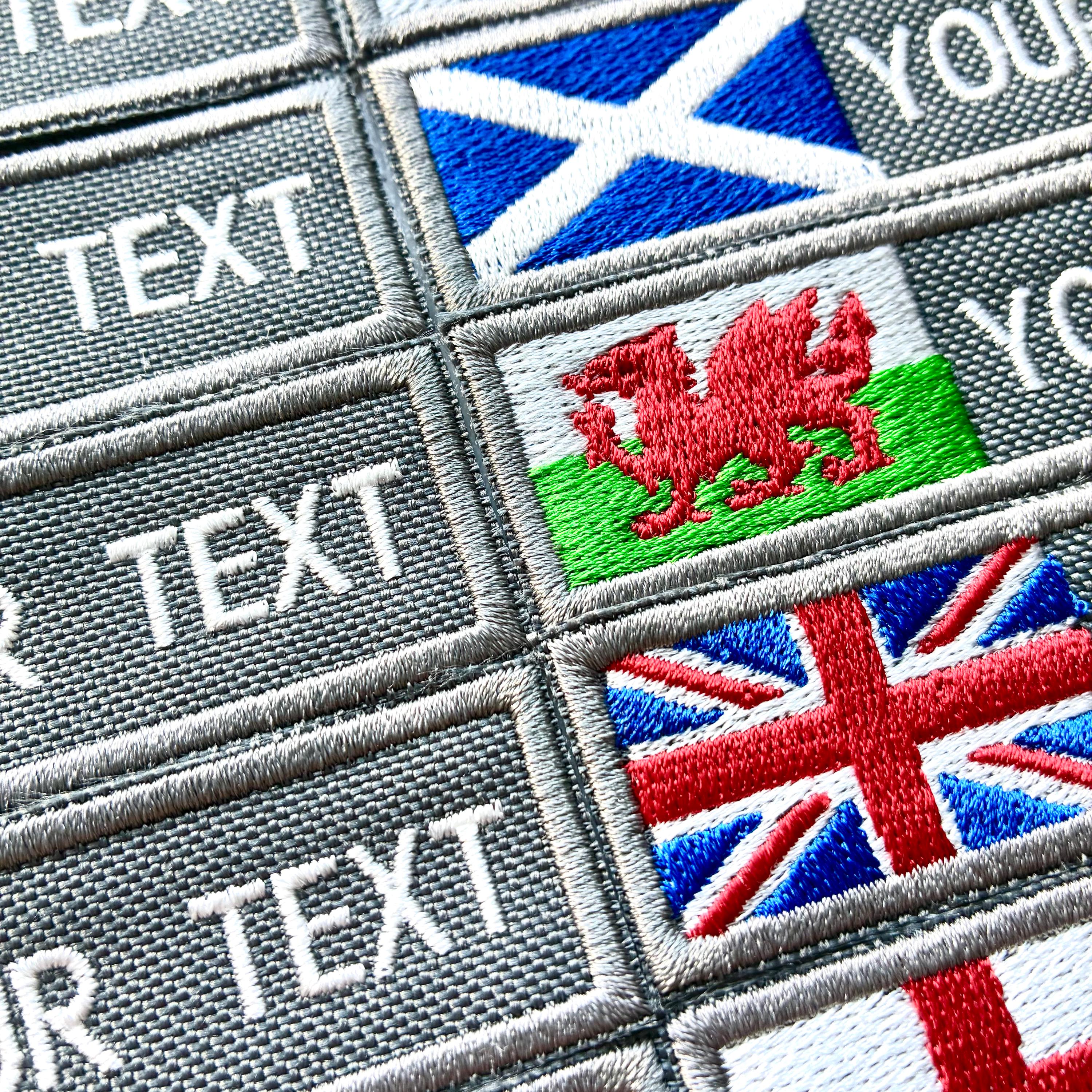 Personalised Embroidered Flag Patch Sew/Iron/VELCRO® Custom Text Badge Grey