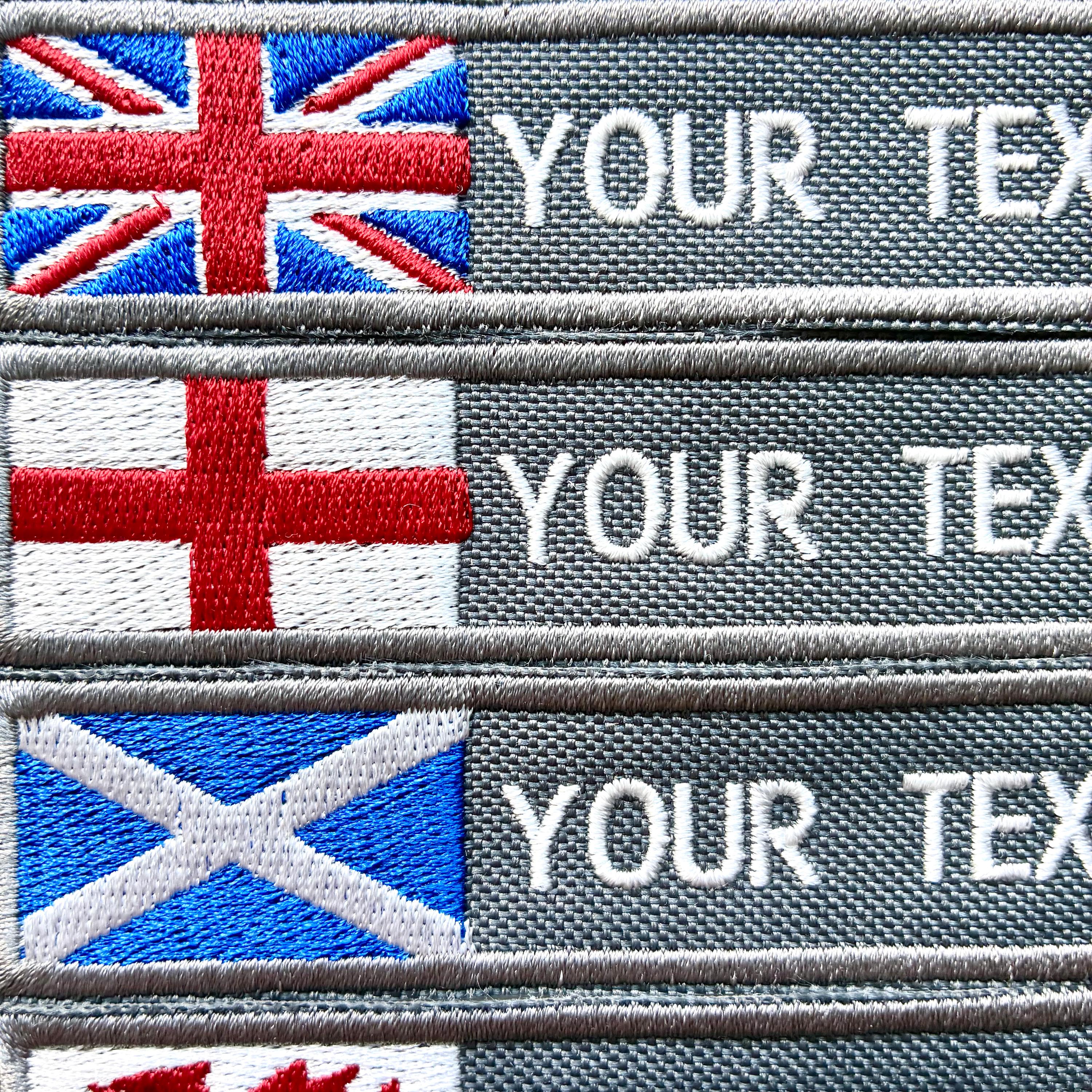 Personalised Embroidered Flag Patch Sew/Iron/VELCRO® Custom Text Badge Grey