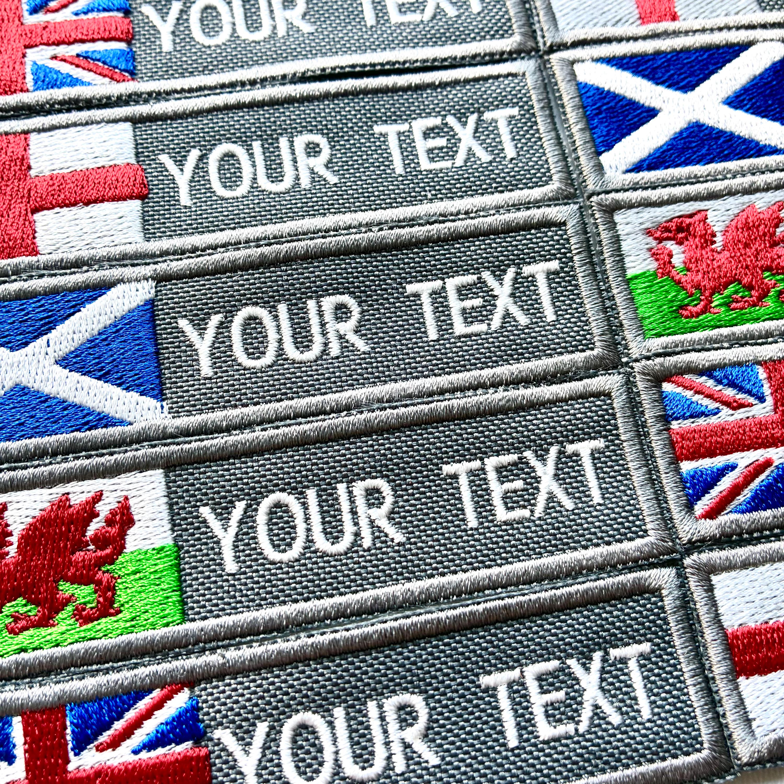 Personalised Embroidered Flag Patch Sew/Iron/VELCRO® Custom Text Badge Grey