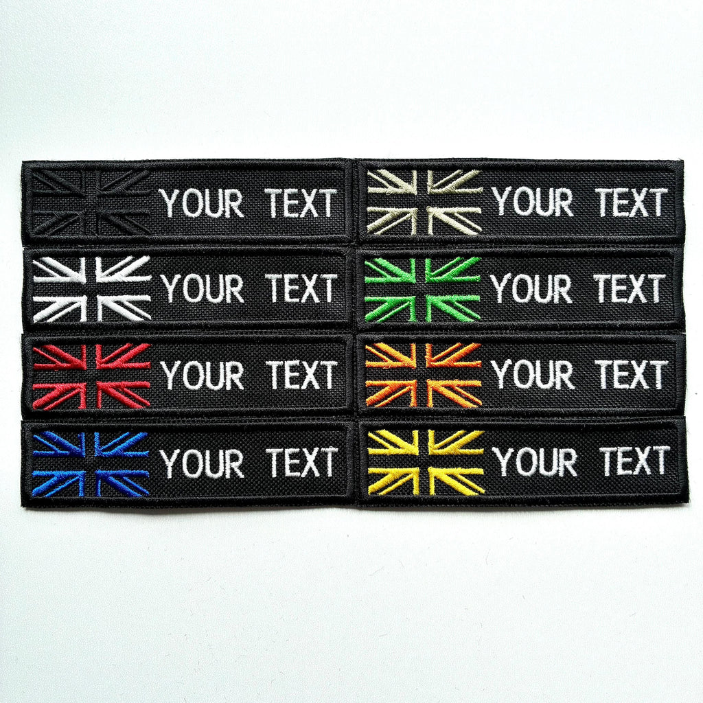 Personalised Embroidered Union Jack Flag Patch Sew/Iron/VELCRO® Custom Text Badge Black