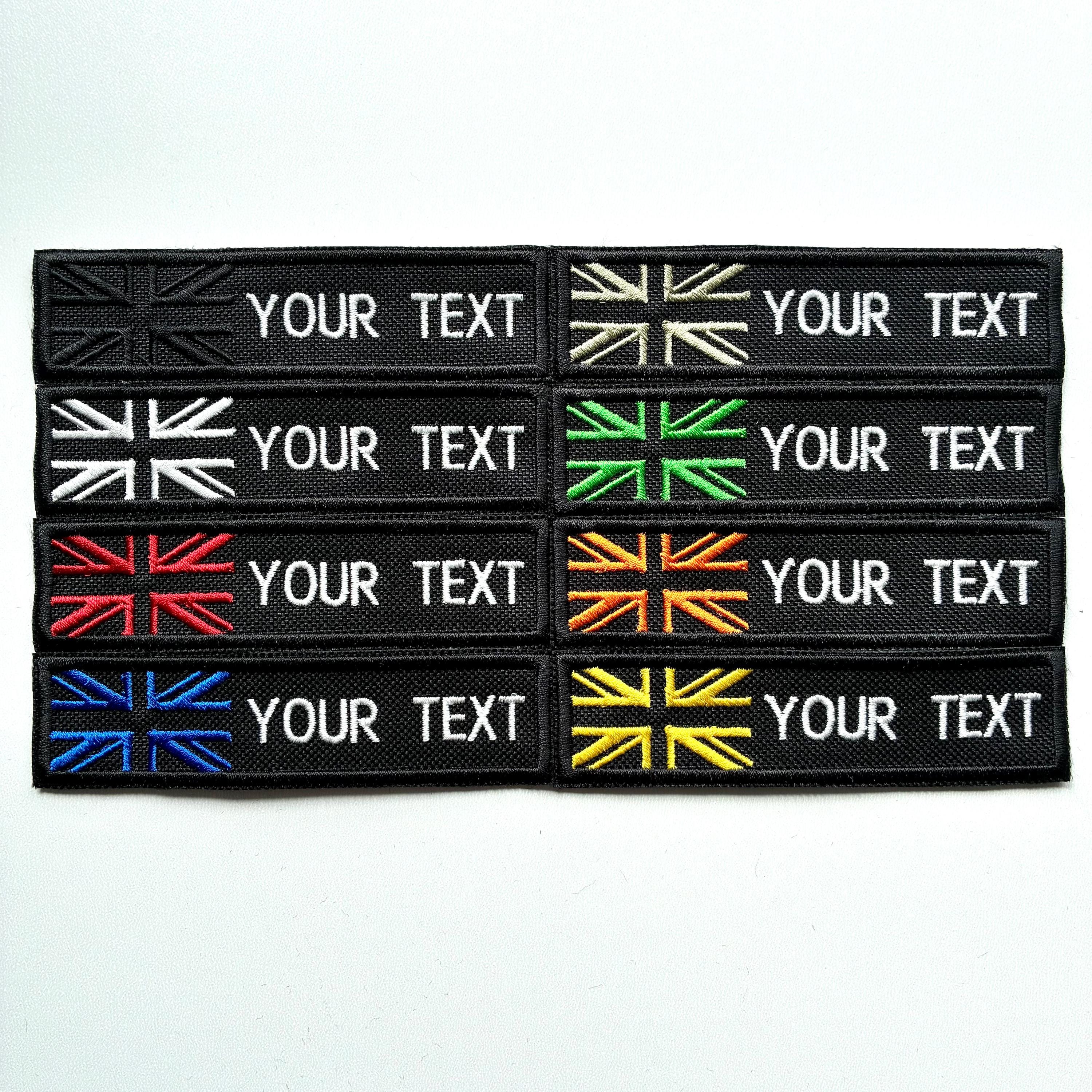 Personalised Embroidered Union Jack Flag Patch Sew/Iron/VELCRO® Custom Text Badge Black