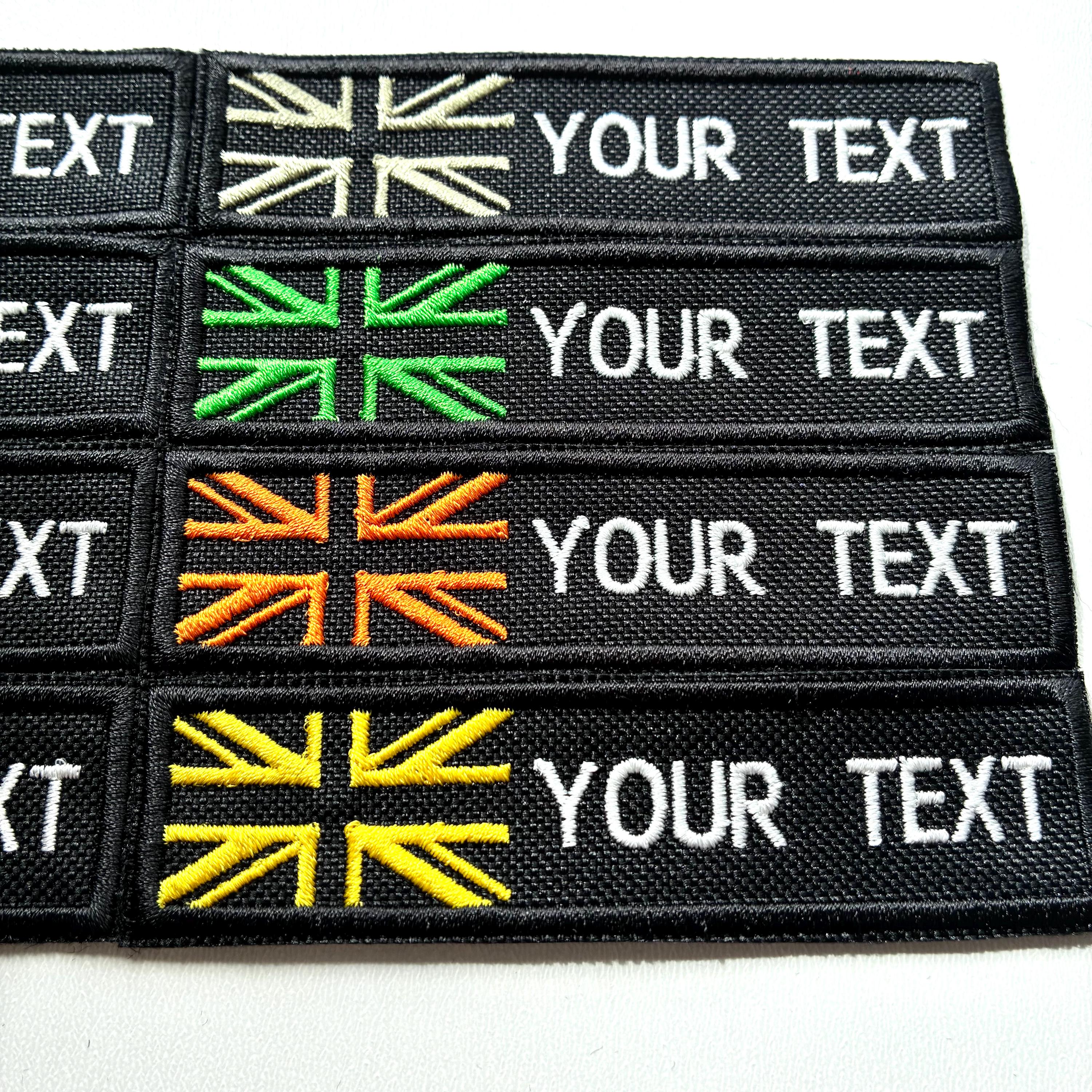 Personalised Embroidered Union Jack Flag Patch Sew/Iron/VELCRO® Custom Text Badge Black