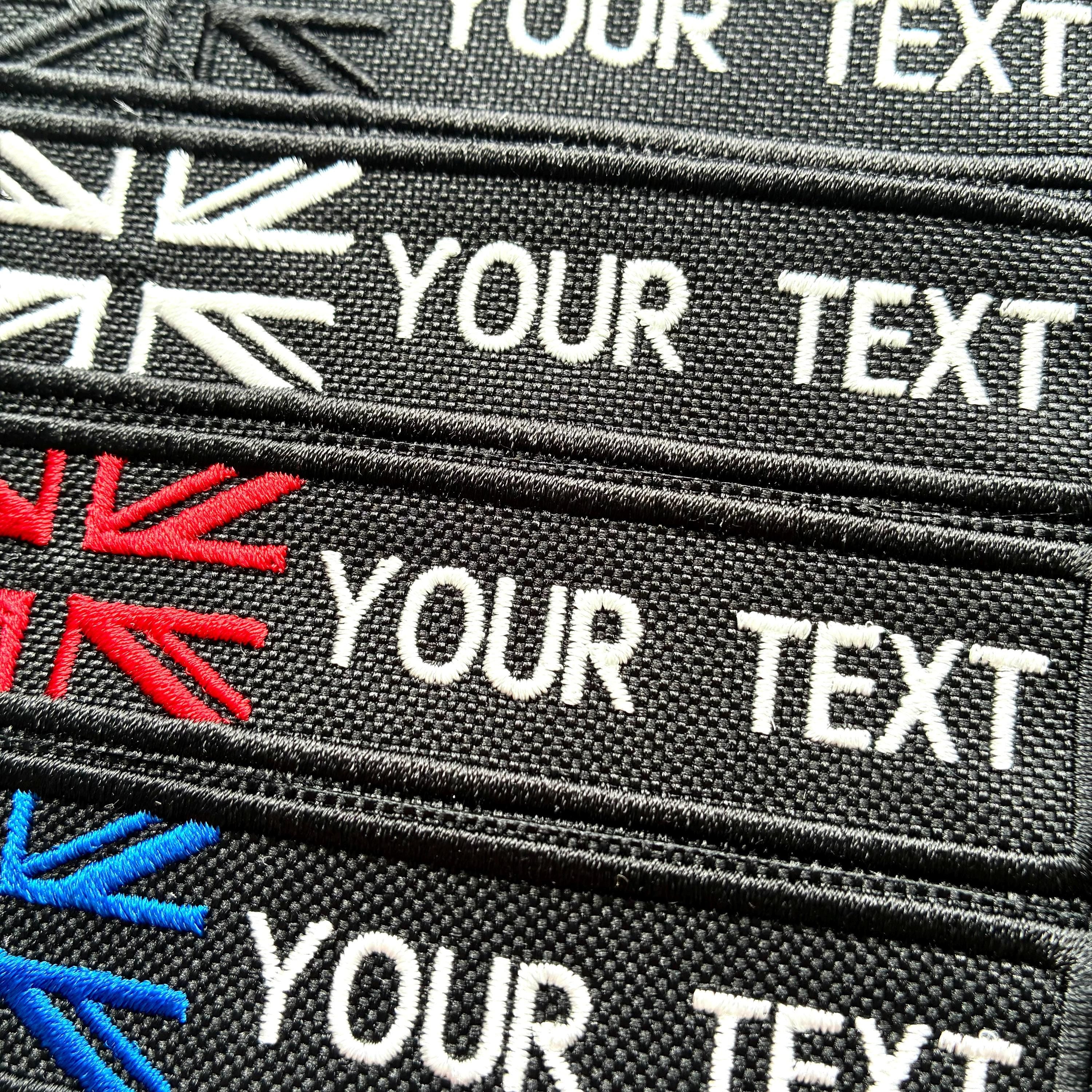Personalised Embroidered Union Jack Flag Patch Sew/Iron/VELCRO® Custom Text Badge Black