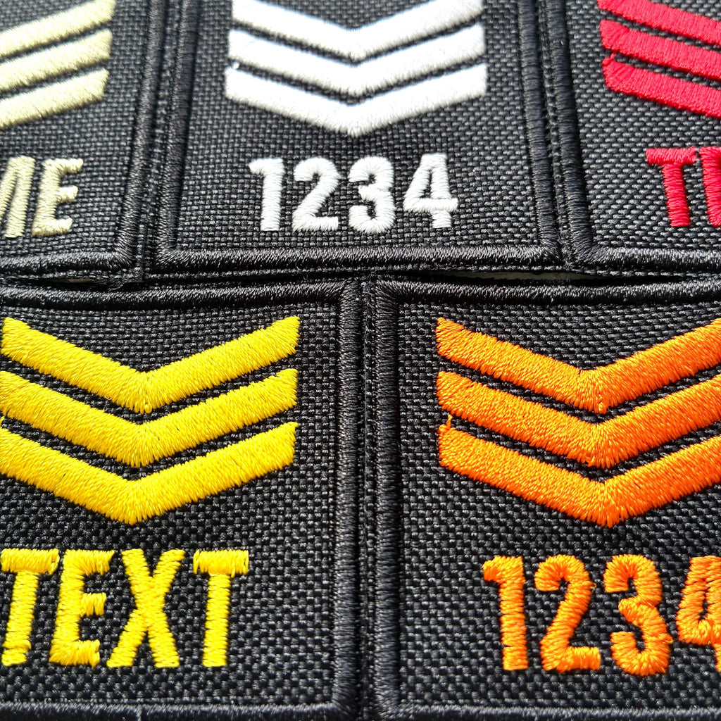 Personalised Embroidered Sergeant Chevron Patch 50x50mm Sew/Iron/VELCRO® Custom Text Badge Black