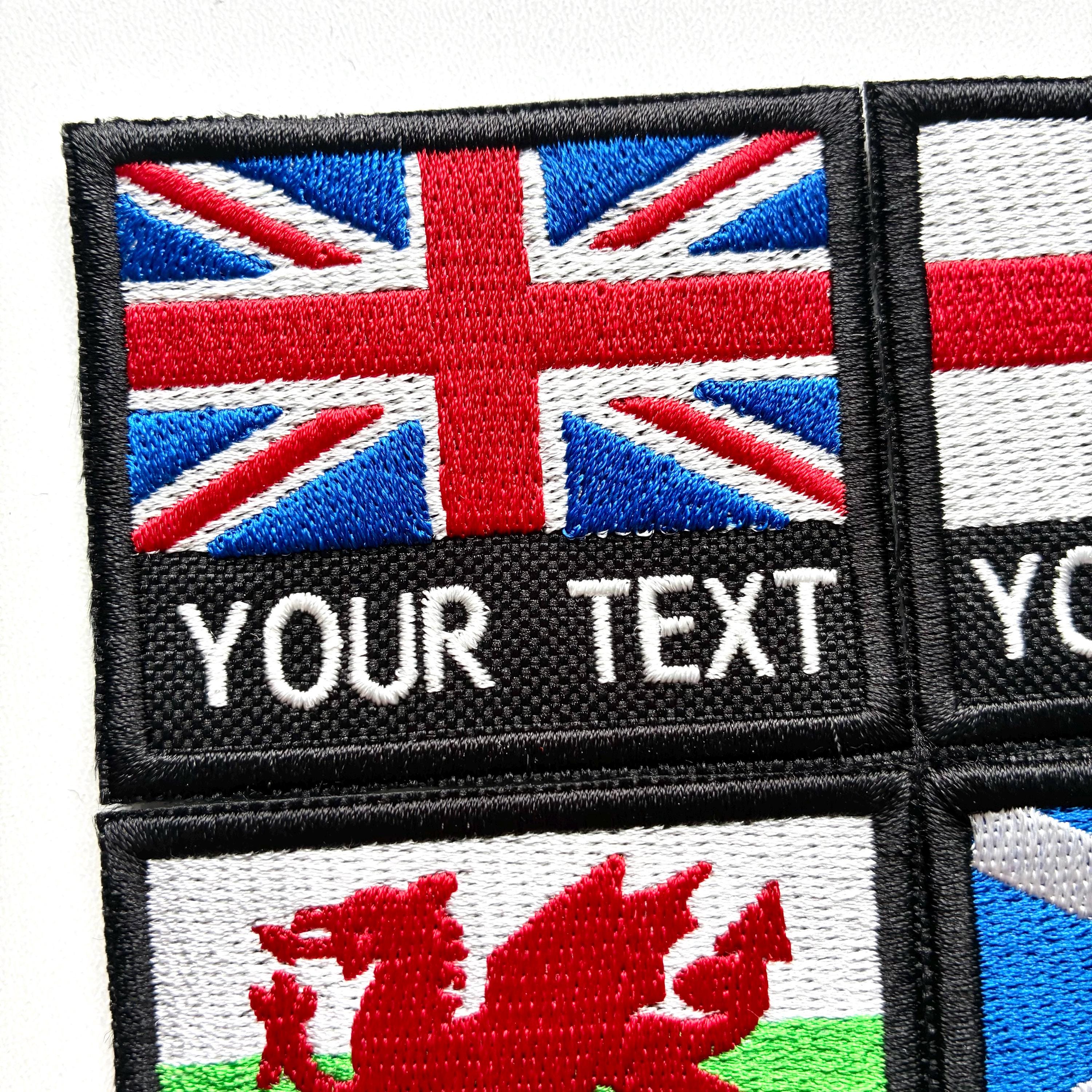 Personalised Embroidered Flag Patch 60x50mm Sew/Iron/VELCRO® Custom Text Badge
