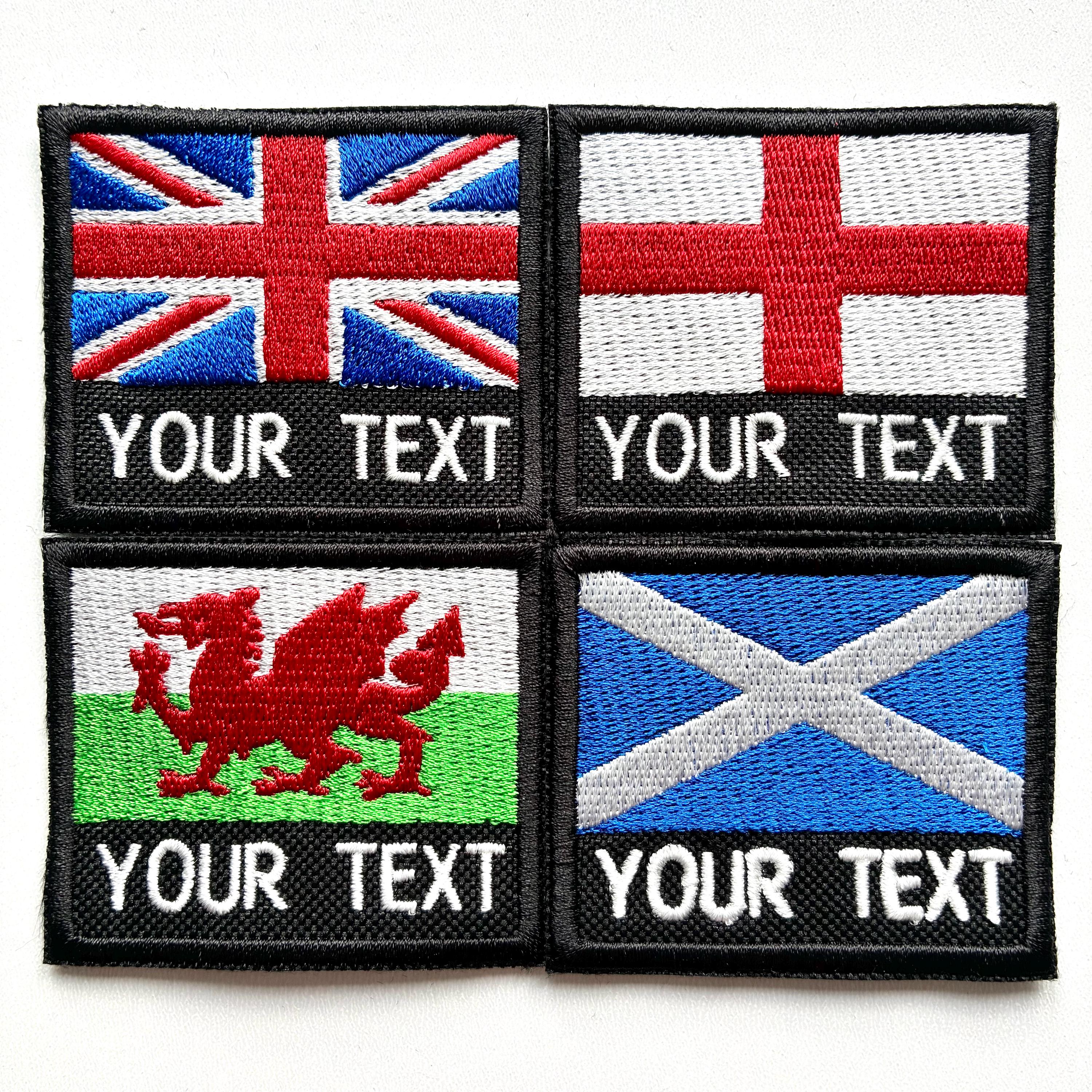 Personalised Embroidered Flag Patch 60x50mm Sew/Iron/VELCRO® Custom Text Badge
