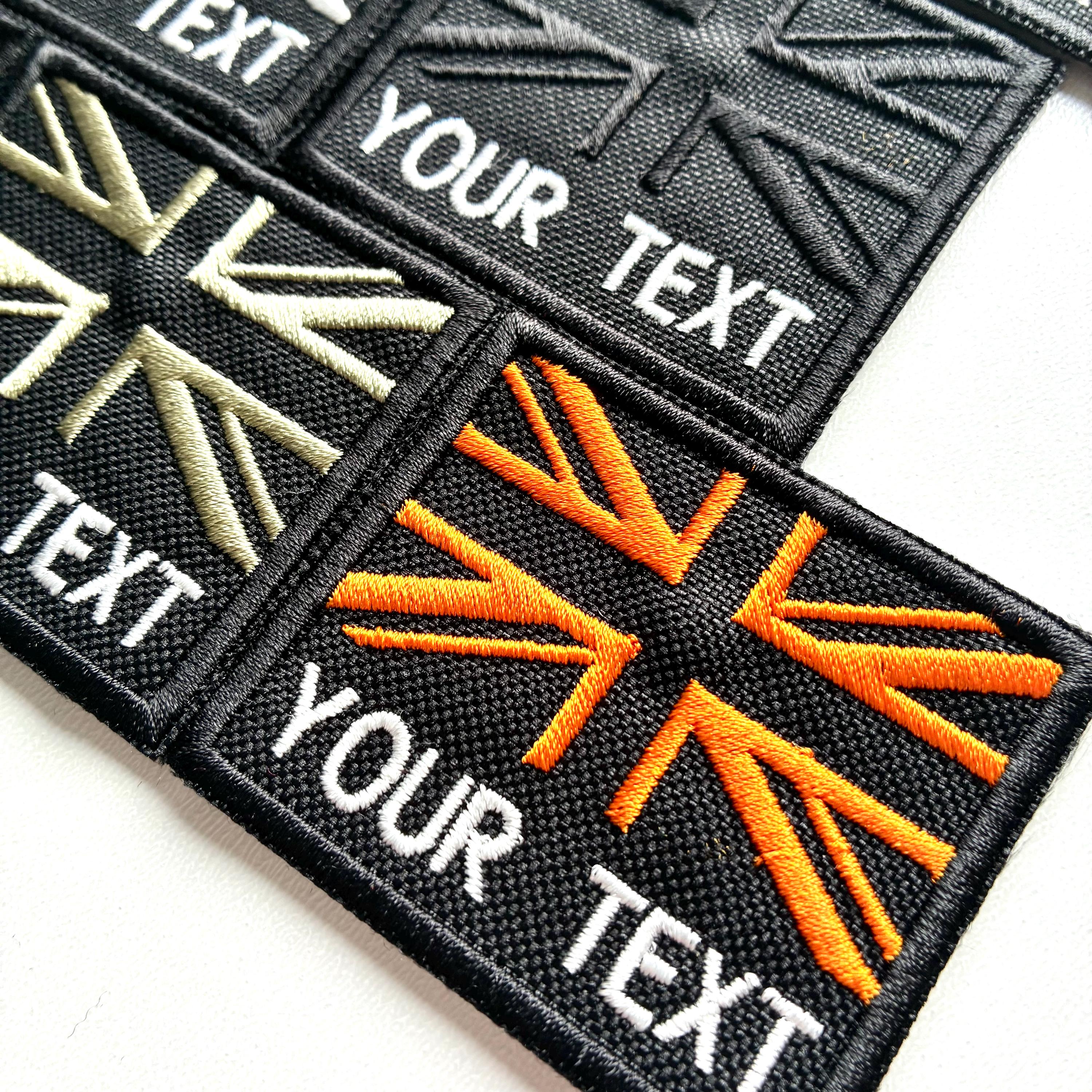 Personalised Embroidered Union Jack Flag Patch 60x50mm Sew/Iron/VELCRO® Custom Text Badge Black