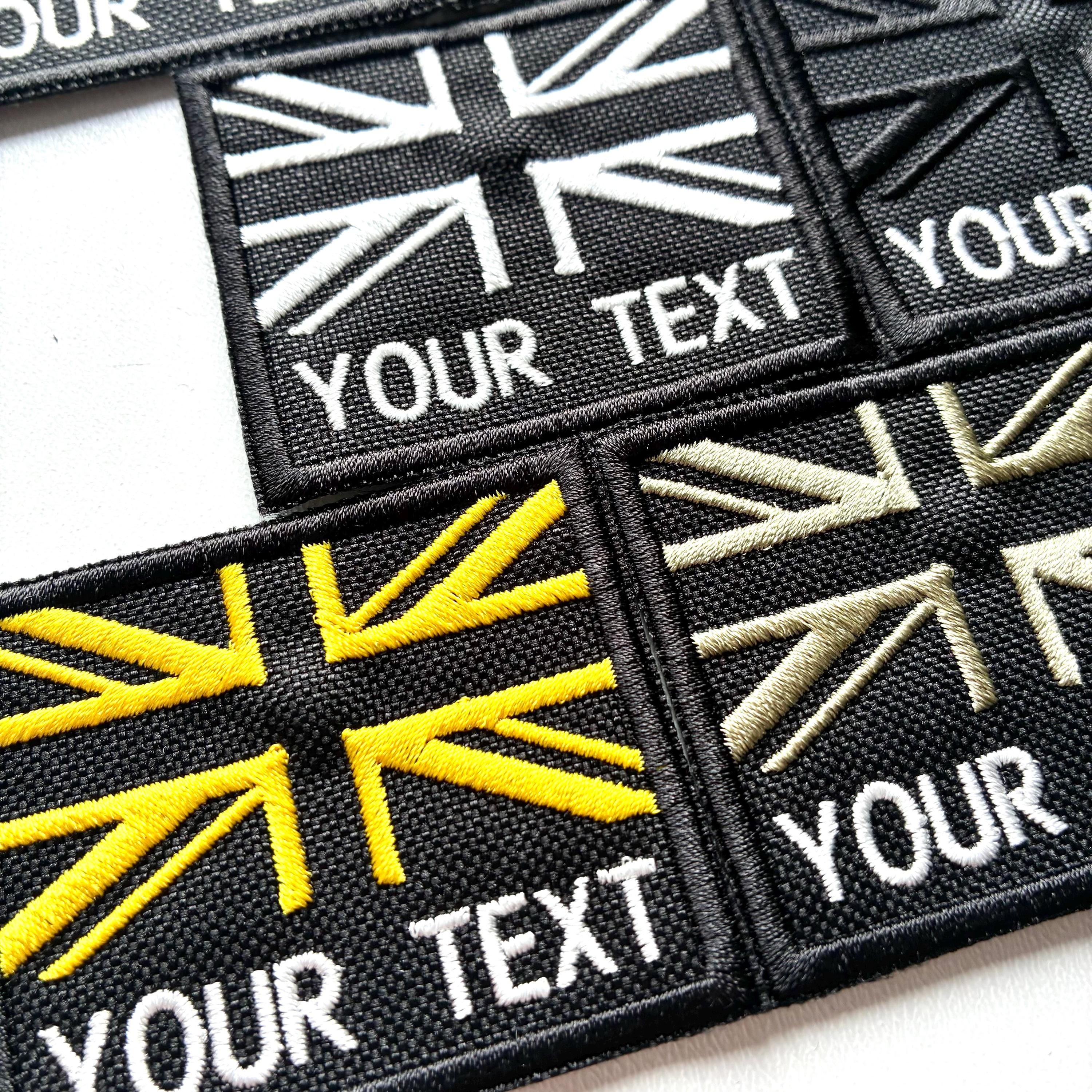 Personalised Embroidered Union Jack Flag Patch 60x50mm Sew/Iron/VELCRO® Custom Text Badge Black