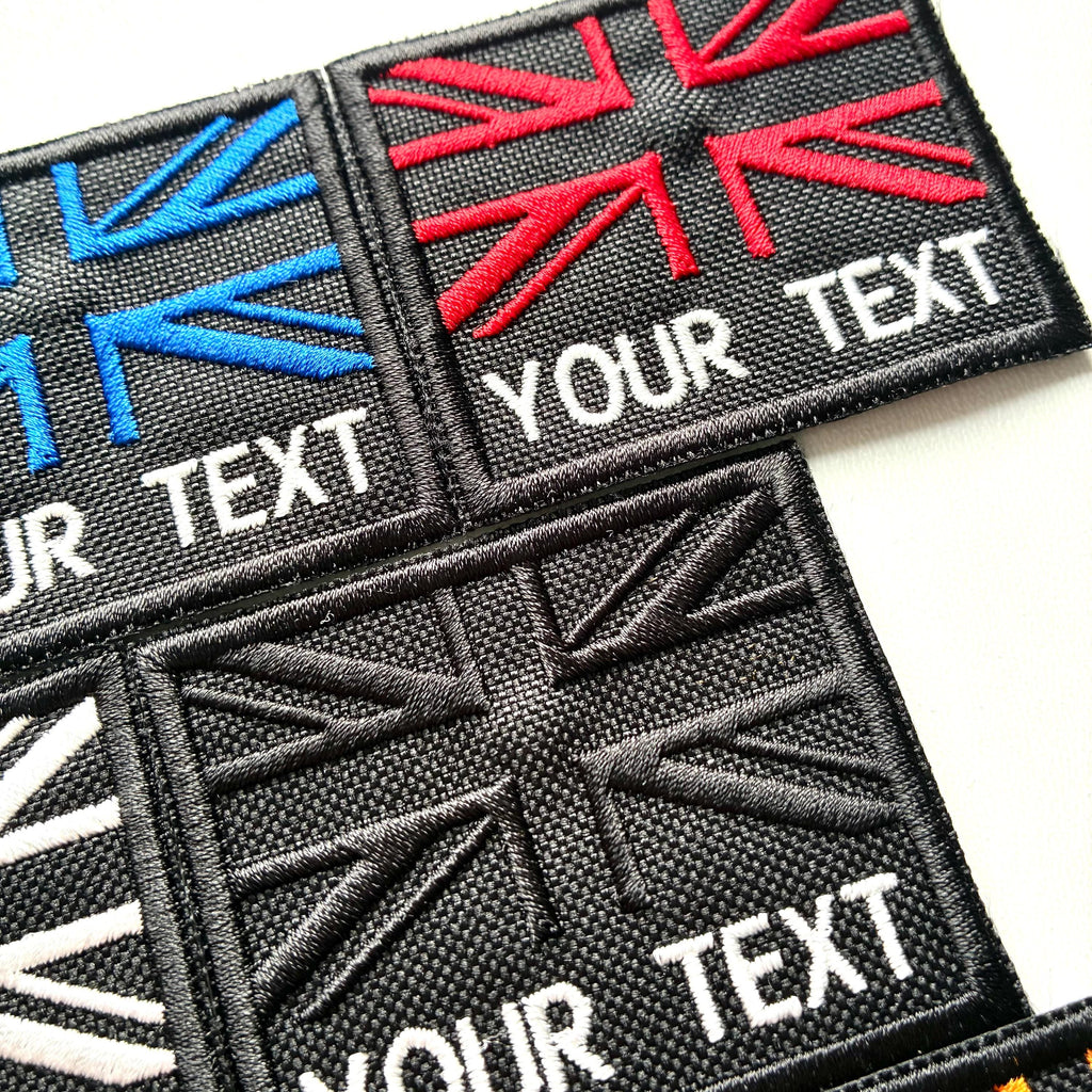 Personalised Embroidered Union Jack Flag Patch 60x50mm Sew/Iron/VELCRO® Custom Text Badge Black