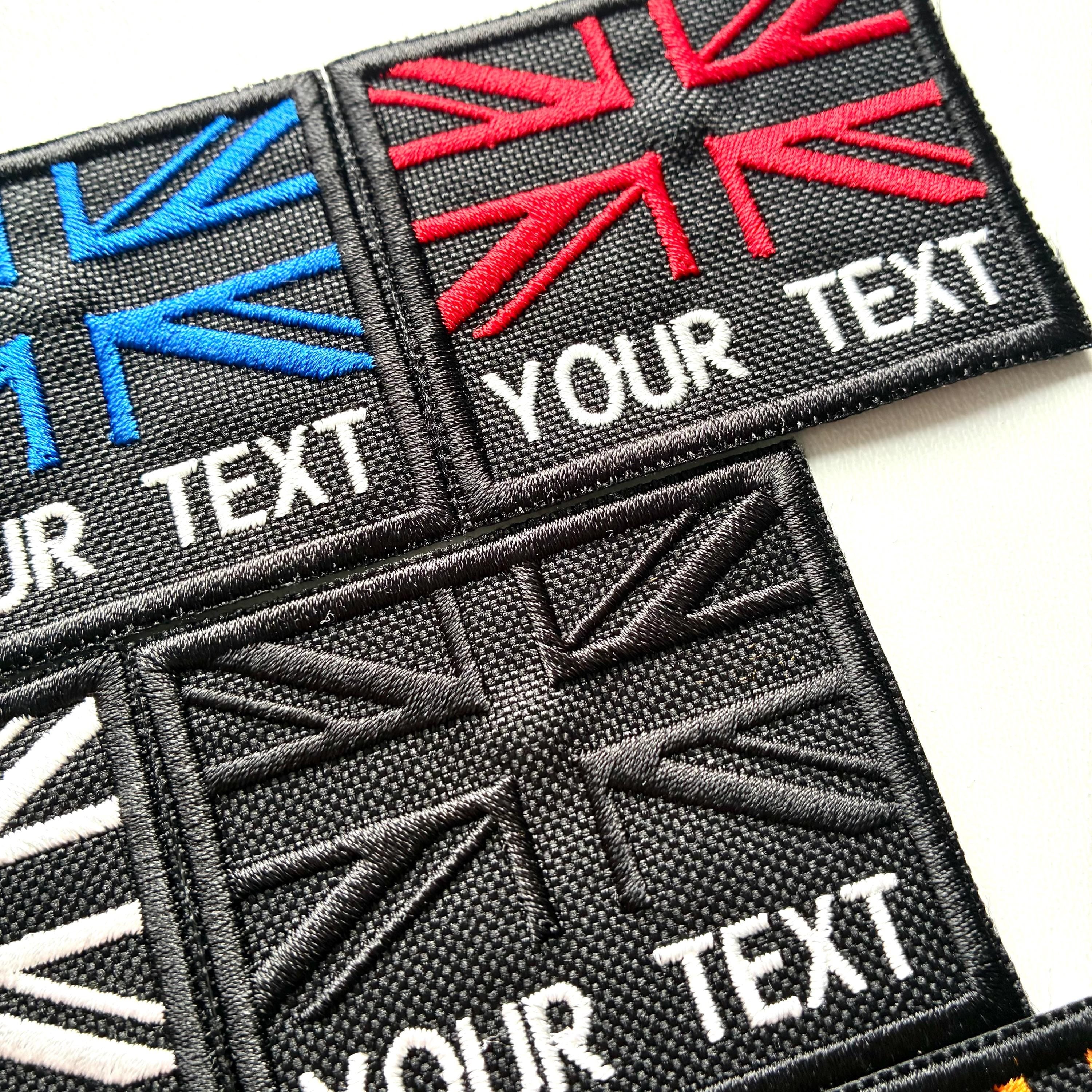 Personalised Embroidered Union Jack Flag Patch 60x50mm Sew/Iron/VELCRO® Custom Text Badge Black