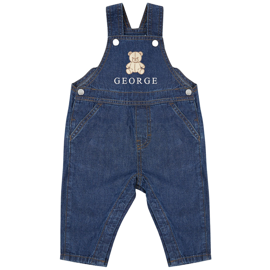 Embroidered Teddy Bear Personalised Name Baby & Toddler Cotton Denim Dungarees Custom Outfit