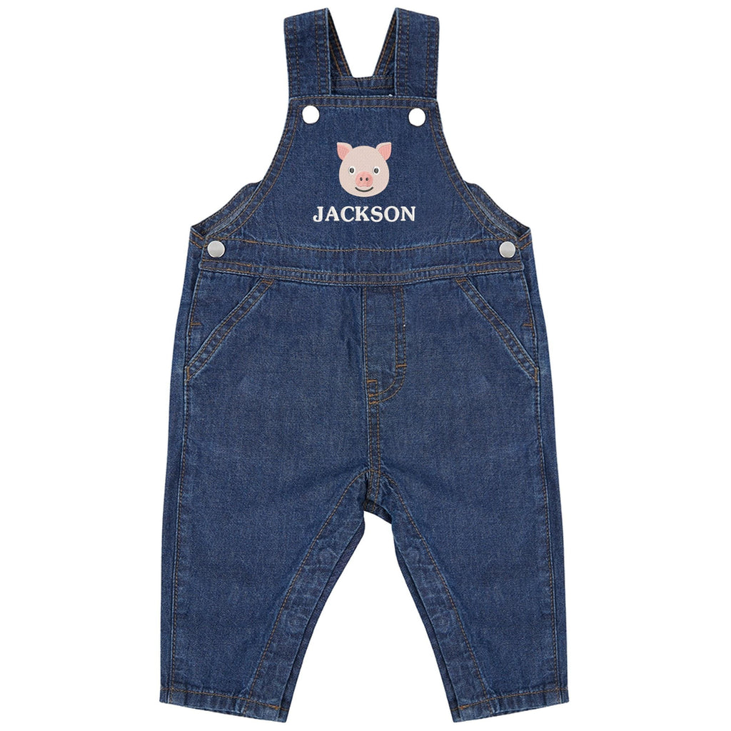 Embroidered Pig Personalised Name Baby & Toddler Cotton Denim Dungarees Custom Farmyard Barn Animals