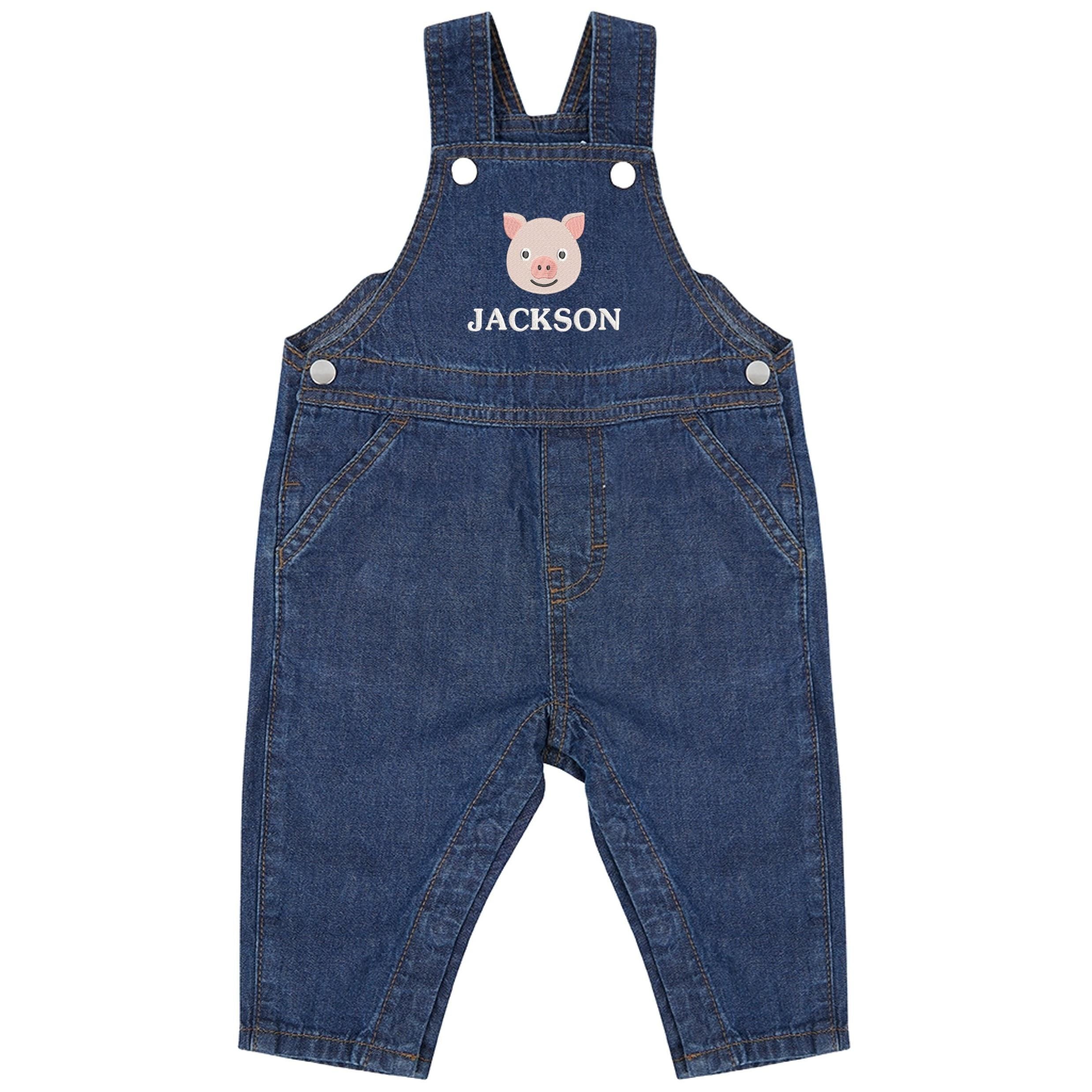 Embroidered Pig Personalised Name Baby & Toddler Cotton Denim Dungarees Custom Farmyard Barn Animals
