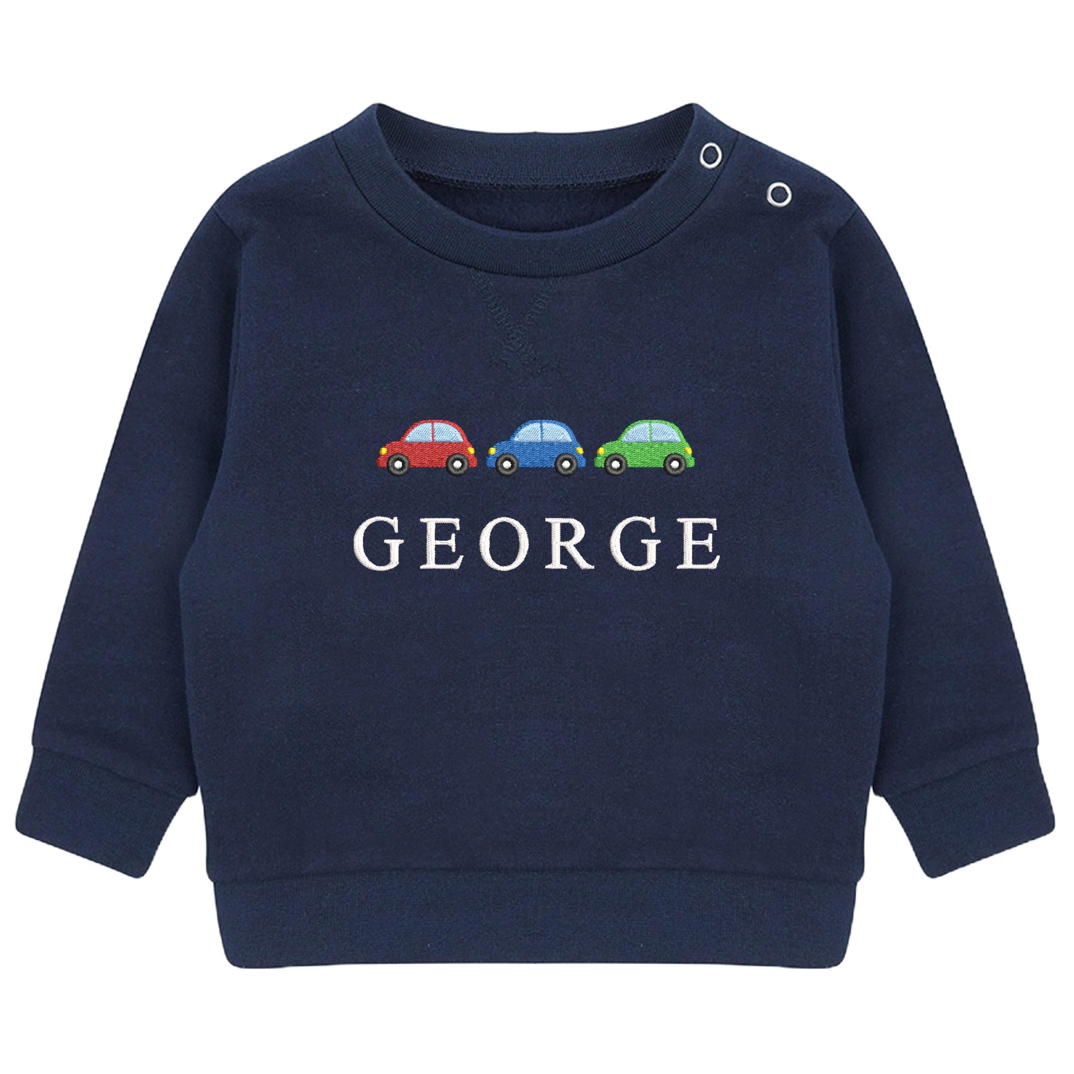 Embroidered Cars Personalised Name Boys Sustainable Sweatshirt Baby & Toddler Custom Jumper Gift