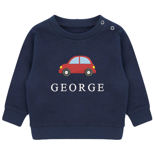 Embroidered Car Personalised Name Boys Sustainable Sweatshirt Baby & Toddler Custom Jumper Gift