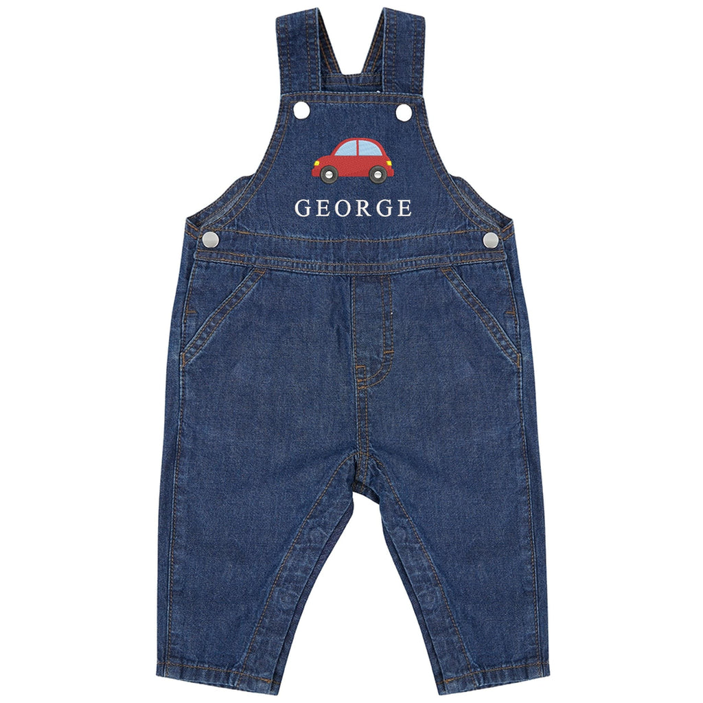Embroidered Car Personalised Name Baby & Toddler Cotton Denim Dungarees Custom Text Boys Gift