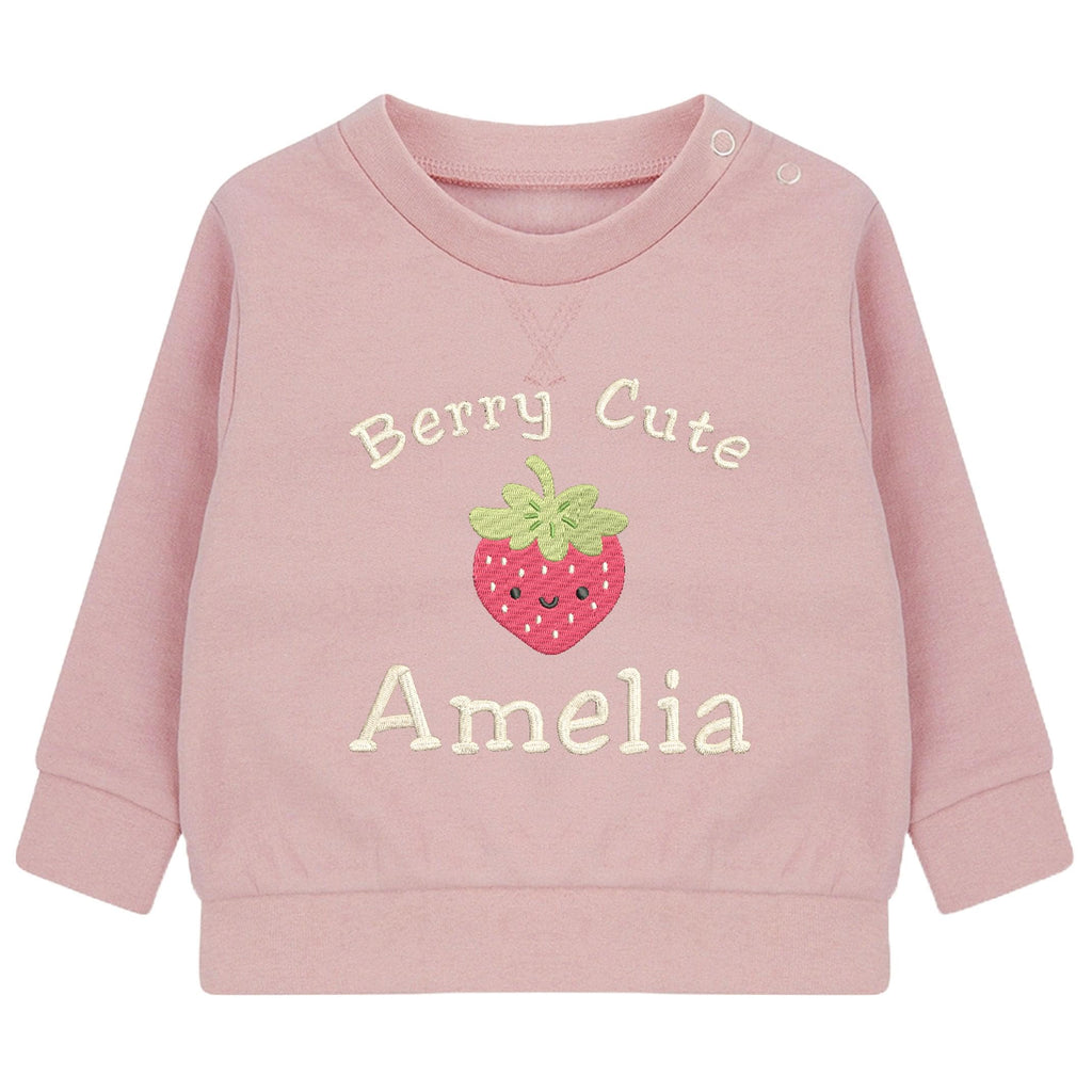 Embroidered Girls Personalised Name Berry Cute Baby and Toddler Pink Sustainable Sweatshirts