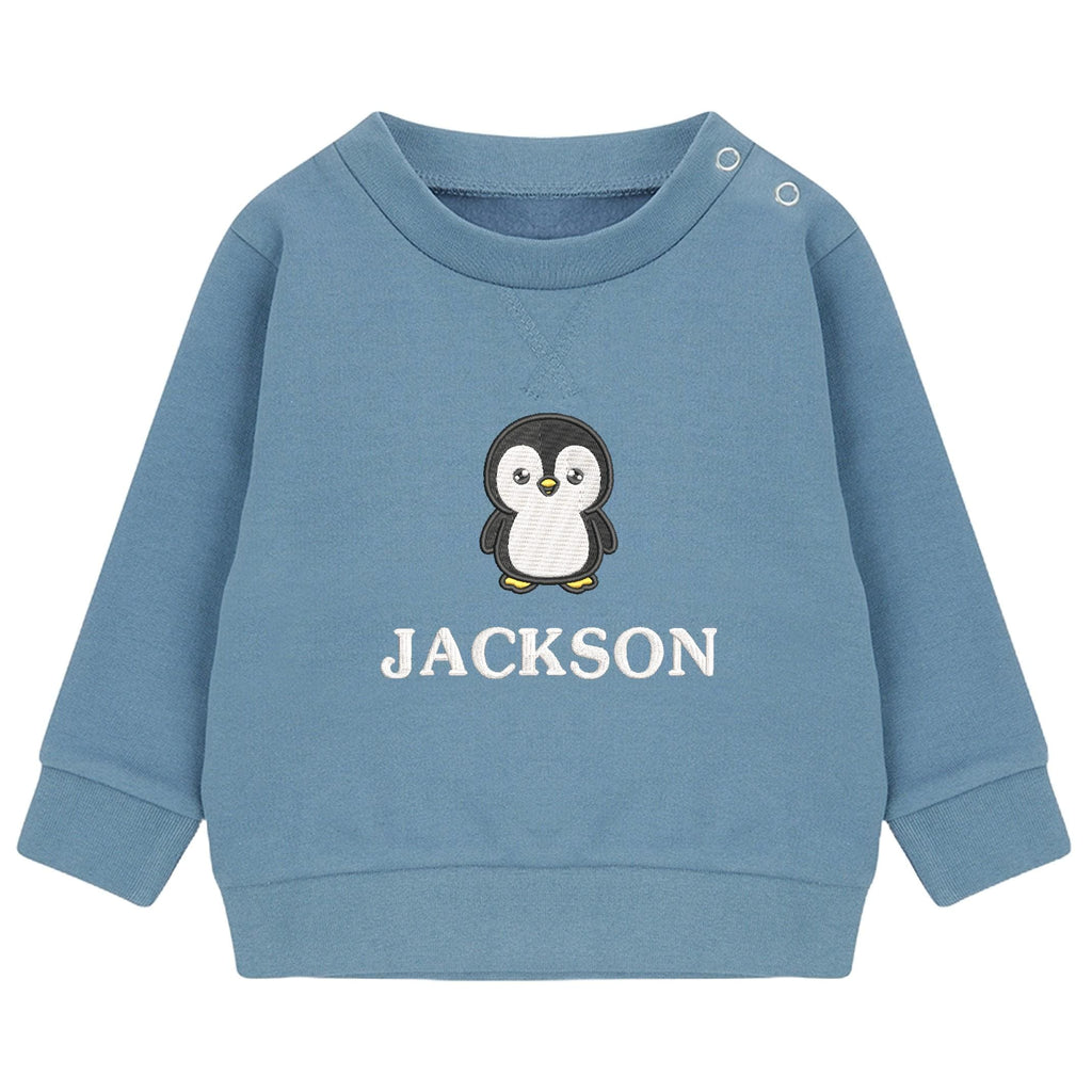 Embroidered Penguin Personalised Name Boys Sustainable Sweatshirt Baby & Toddler Custom Jumper Gift