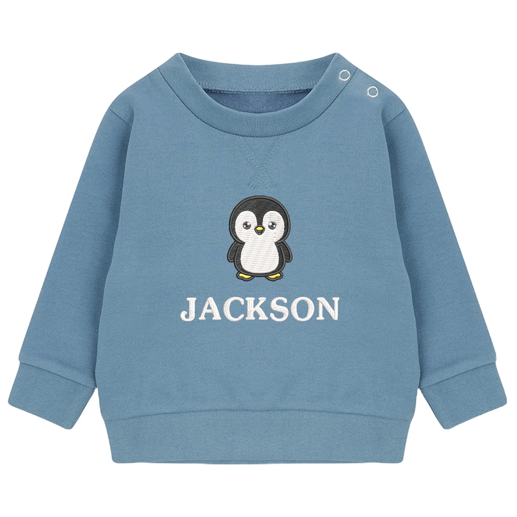 Embroidered Penguin Personalised Name Boys Sustainable Sweatshirt Baby & Toddler Custom Jumper Gift