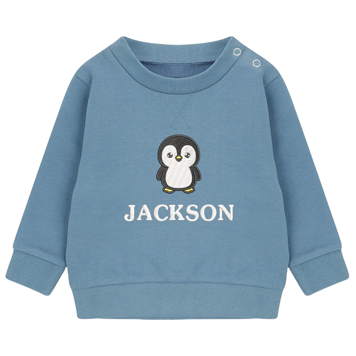 Embroidered Penguin Personalised Name Boys Sustainable Sweatshirt Baby & Toddler Custom Jumper Gift