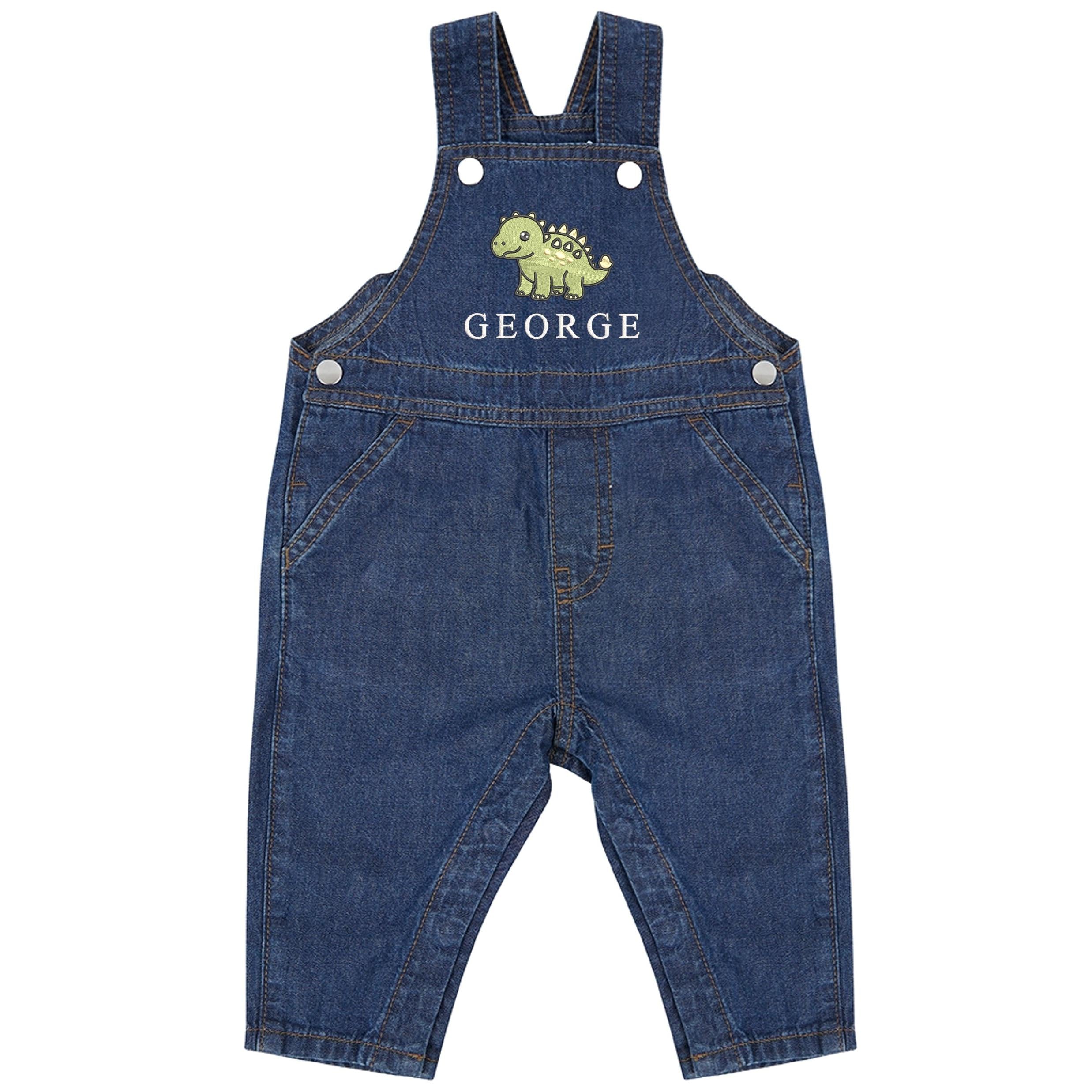 Embroidered Dinosaur Personalised Name Baby & Toddler Cotton Denim Dungarees Custom Text Boys Gift