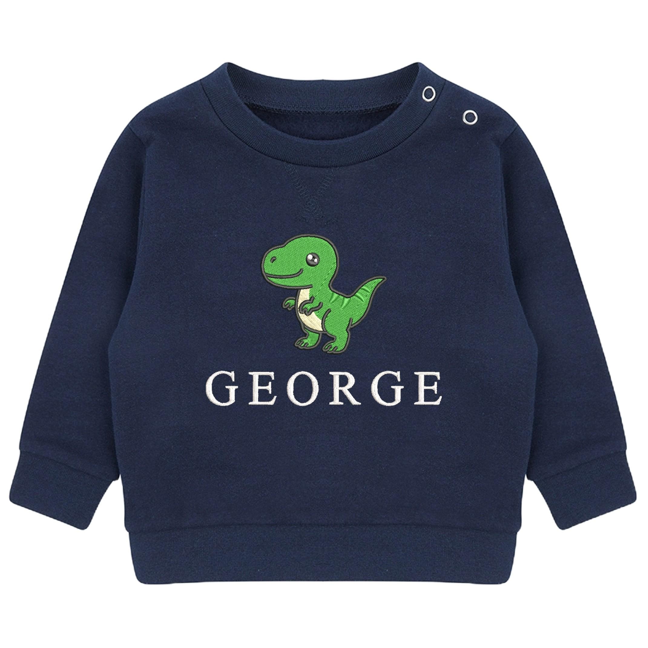 Embroidered T-Rex Dinosaur Personalised Name Boys Sustainable Sweatshirt Baby & Toddler Custom Jumper Gift