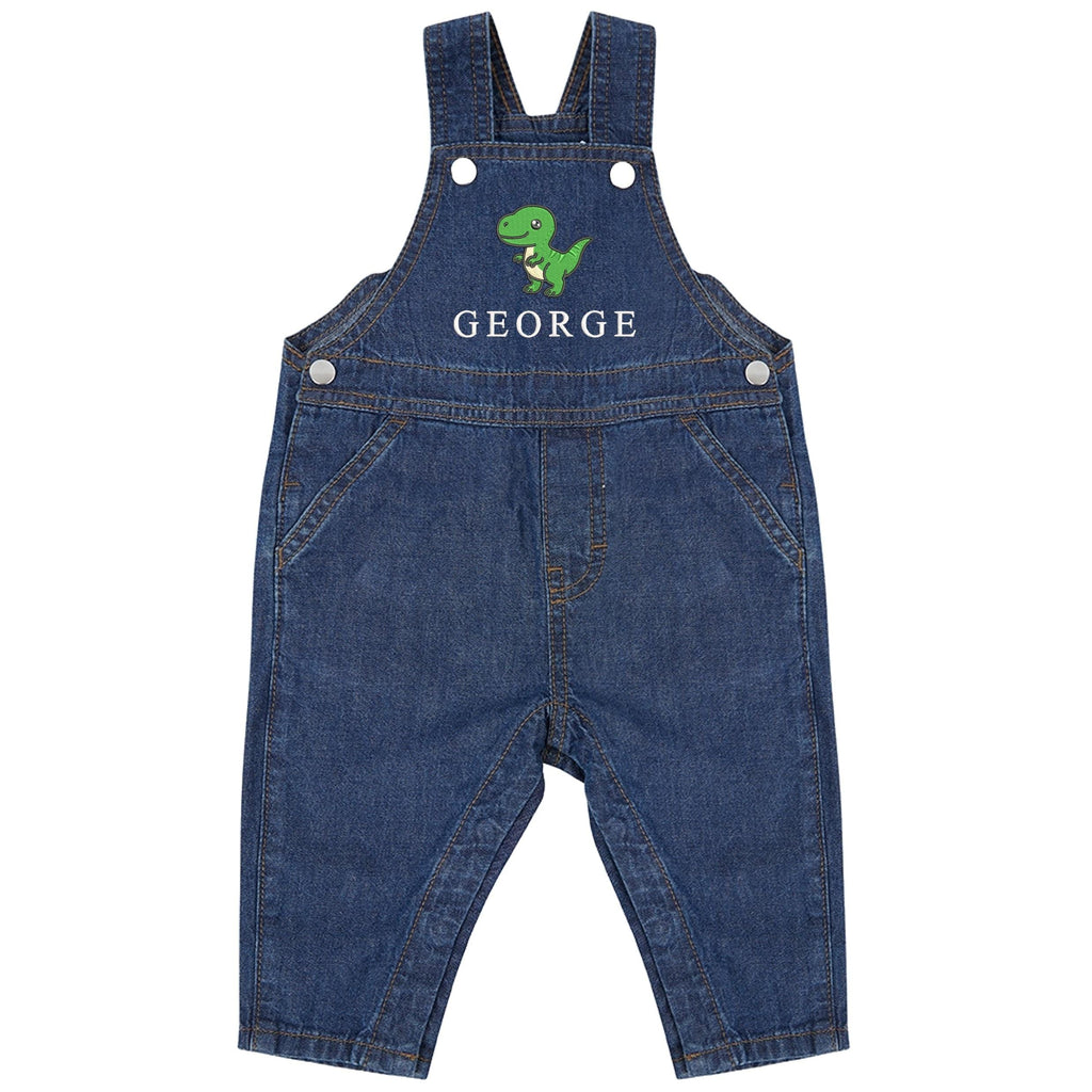 Embroidered T-Rex Dinosaur Personalised Name Baby & Toddler Cotton Denim Dungarees Custom Text Boys Gift